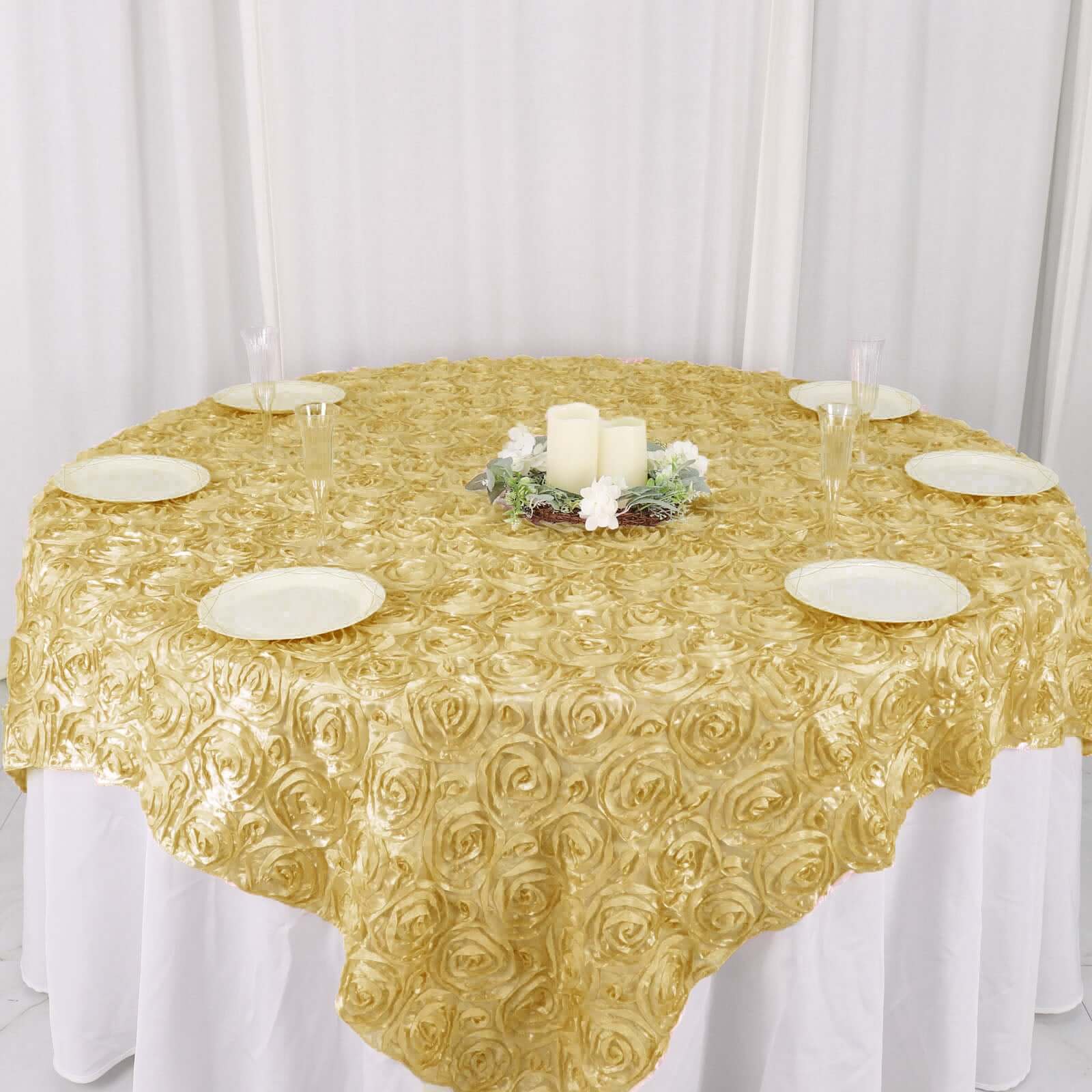 Satin 72"x72" Table Overlay Square Tablecloth Champagne - 3D Rosette Table Cover