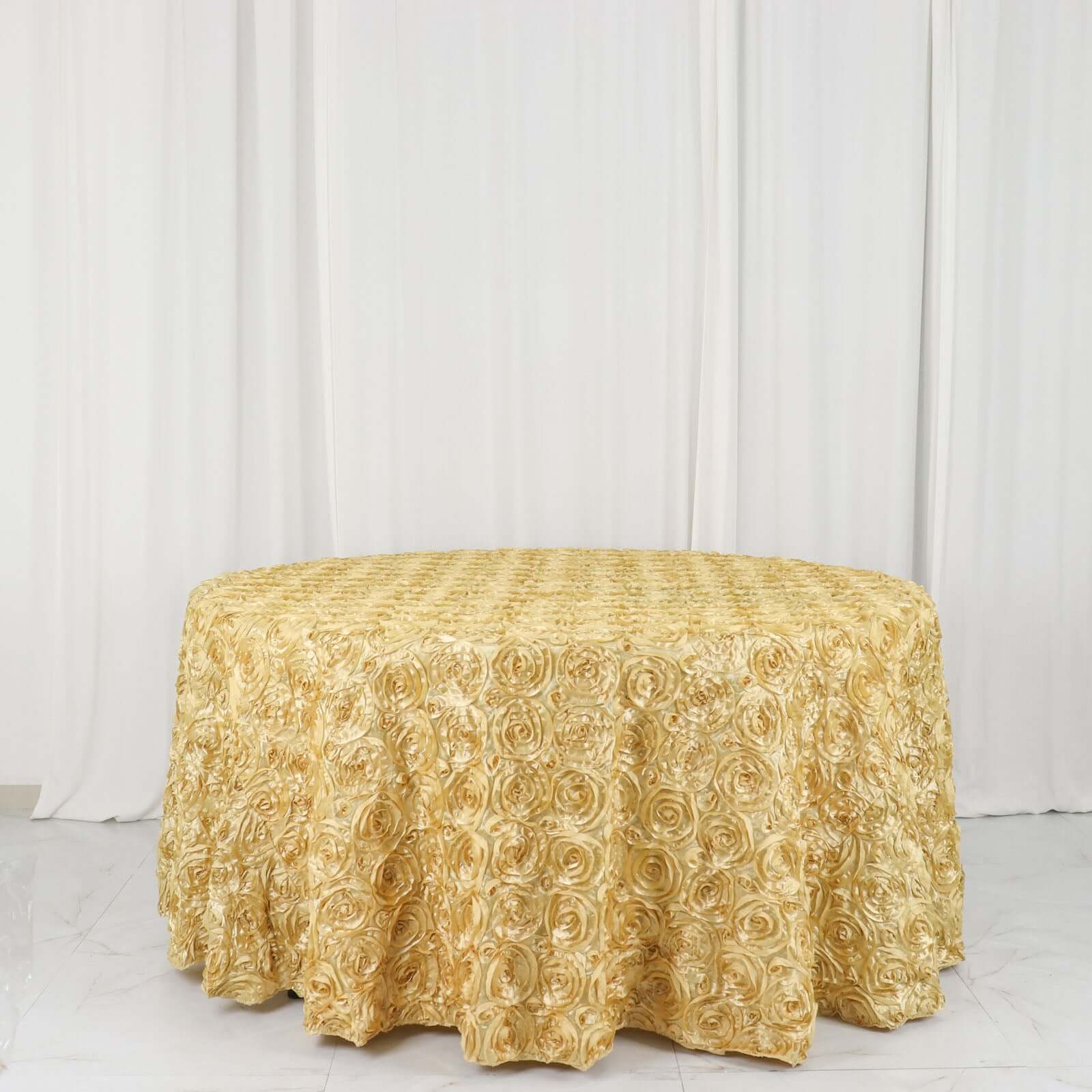 Satin 120" Round Tablecloth Champagne - Grandiose 3D Rosette with Seamless Finish Table Cover