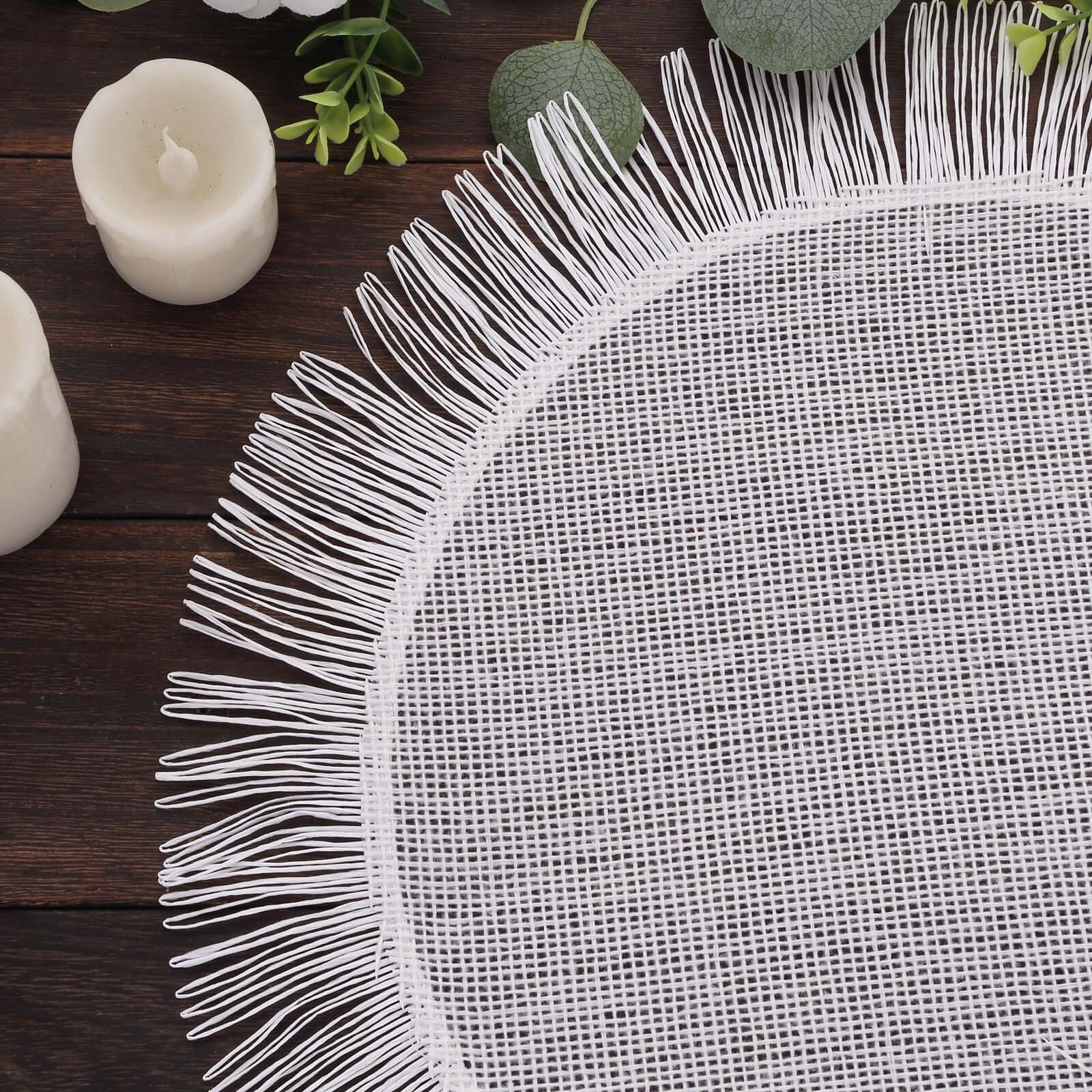 4-Pack Placemats Fringe Edge Design White Jute Round - Rustic Boho Chic Burlap Table Decor 16"