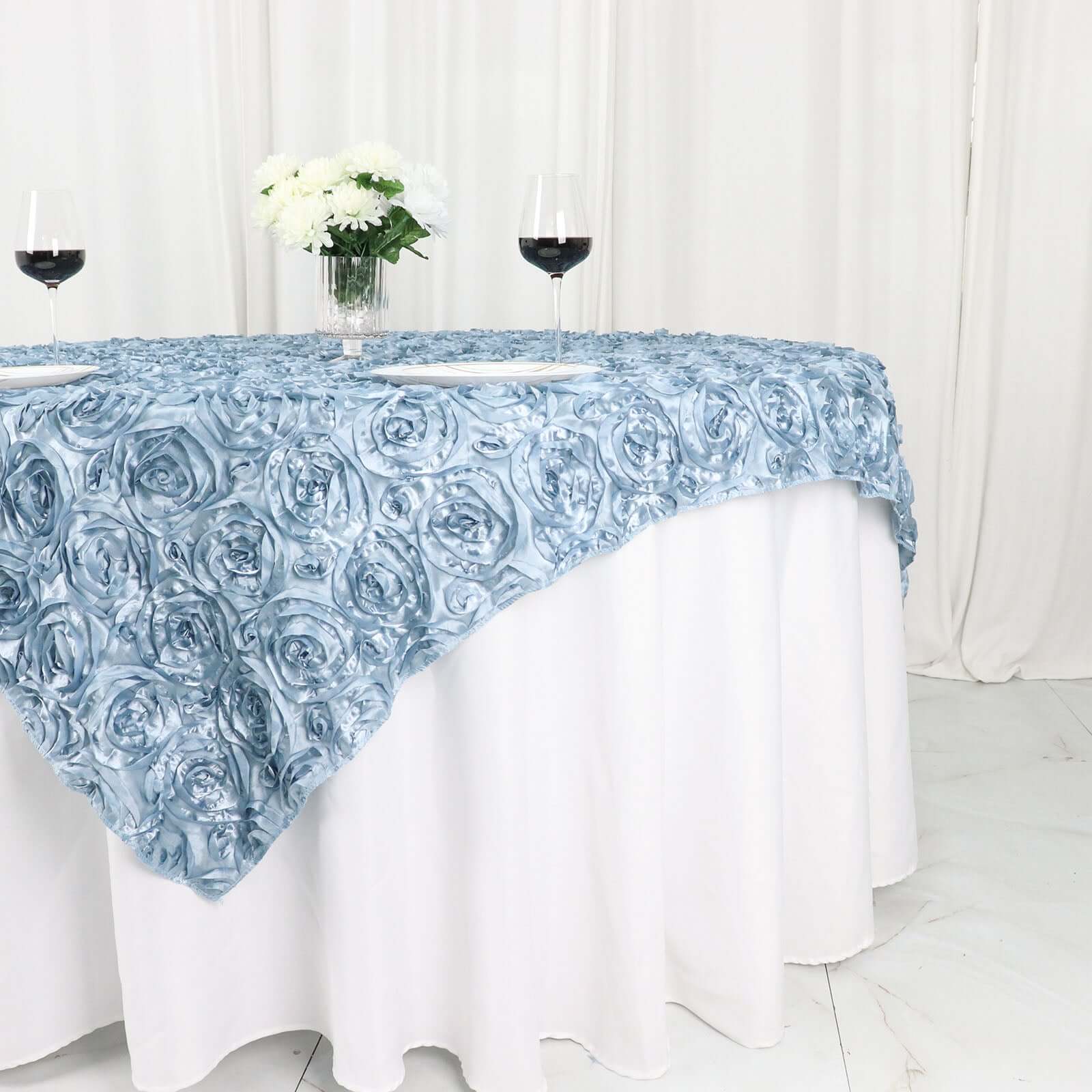 Satin 72"x72" Table Overlay Square Tablecloth Dusty Blue - 3D Rosette Table Cover