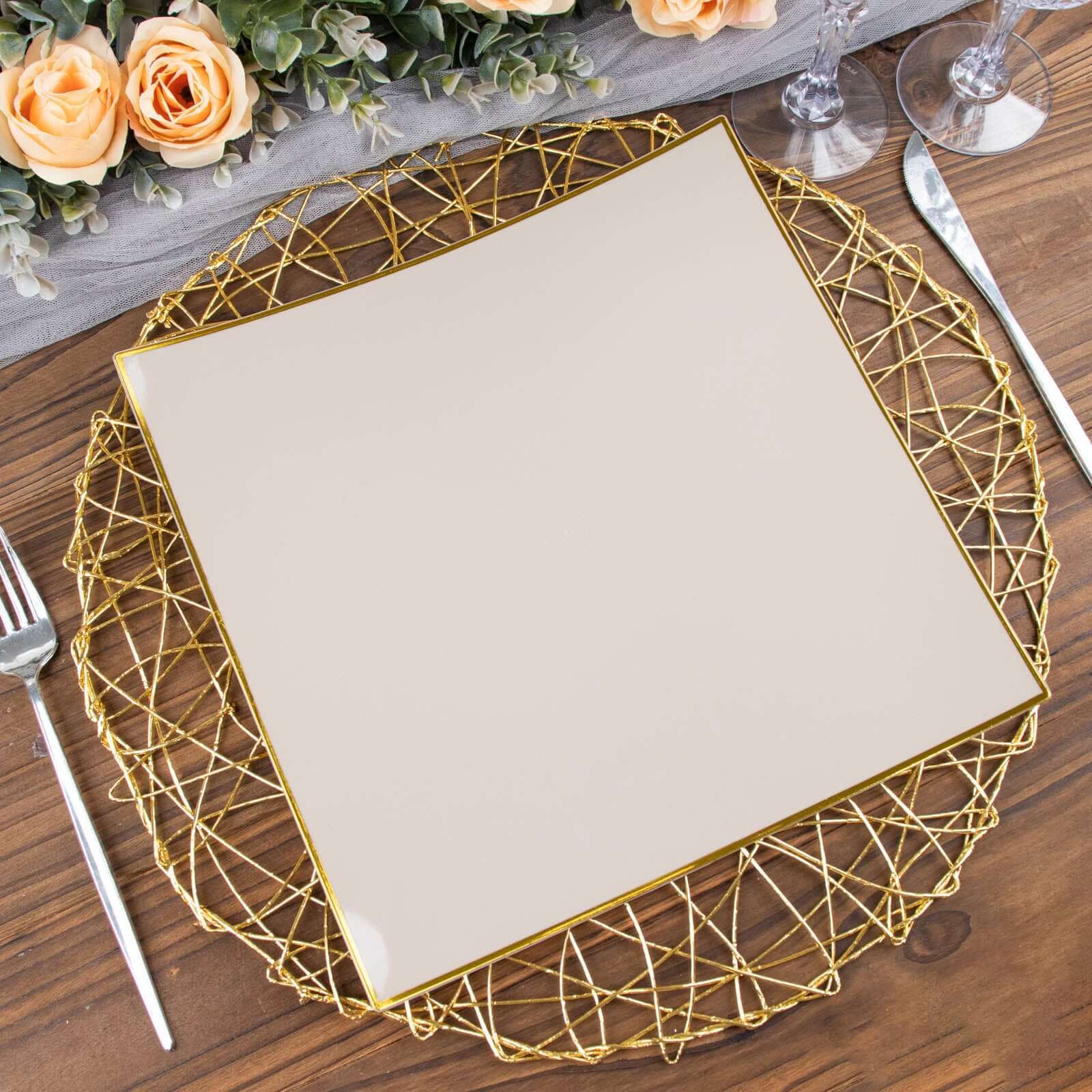 10-Pack Plastic 10" Square Dinner Plates in Taupe Concave Style with Gold Rim - Modern Disposable Party Plates