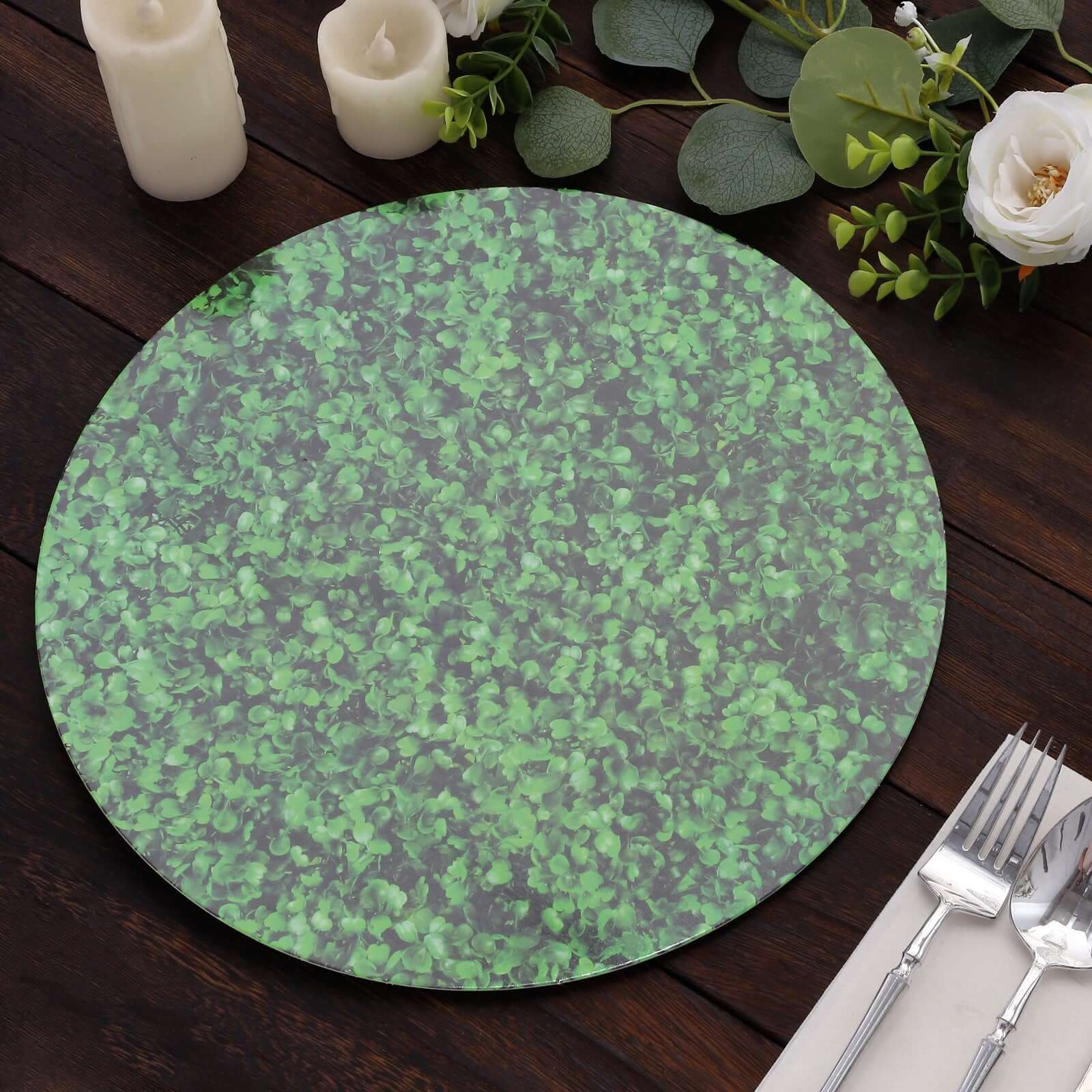 6-Pack Disposable Table Placemats in Green Boxwood Leaf Print - 700GSM Cardboard Placemats for Forest & Garden Theme Party Decor 13"