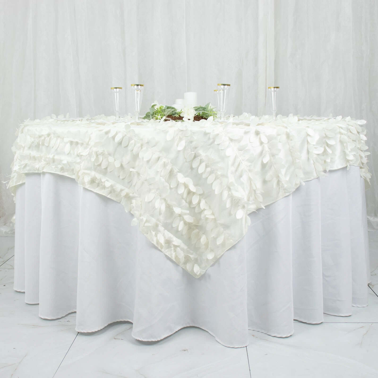 Taffeta 54"x54" Table Overlay Square Tablecloth Ivory 3D Leaf Petal Table Cover