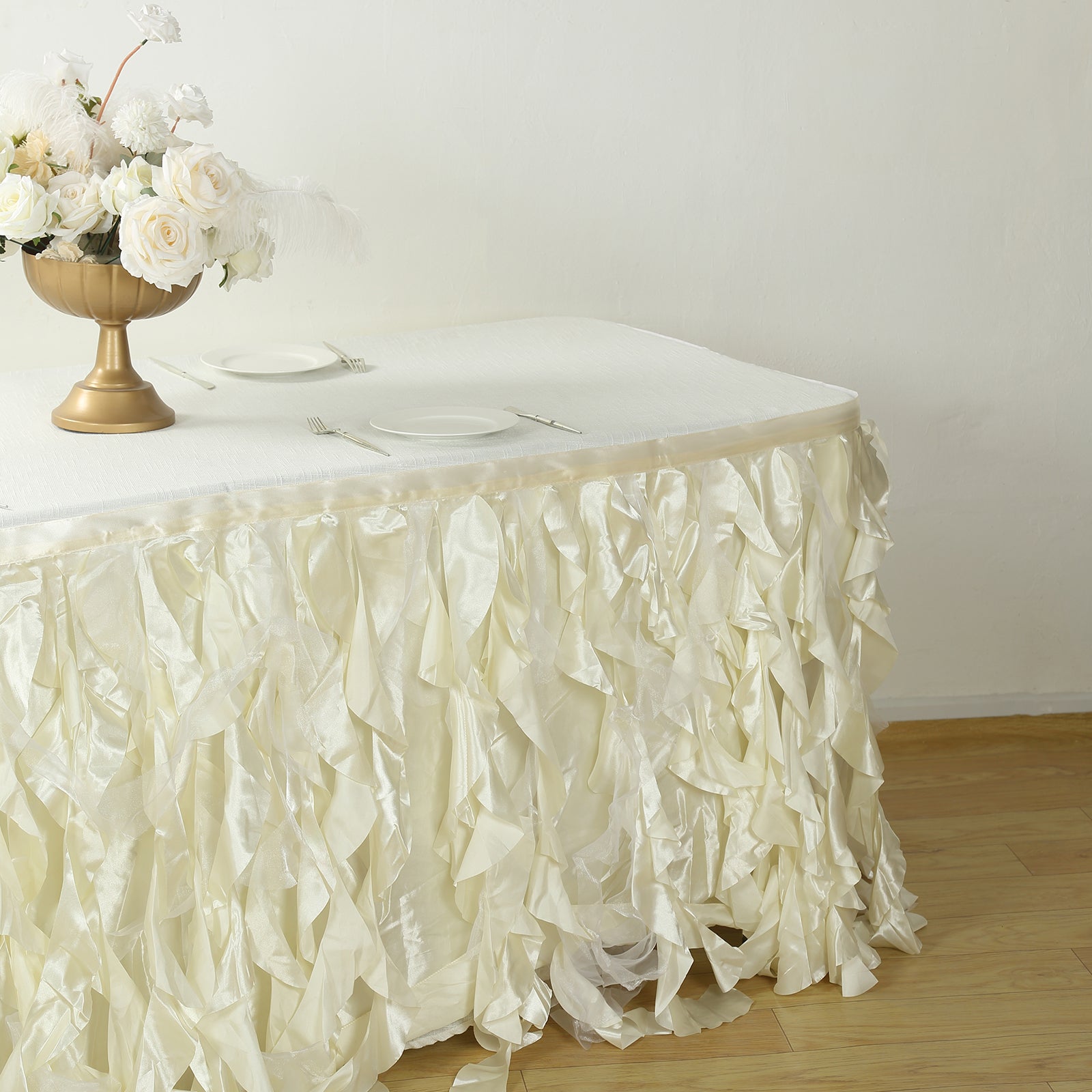 Taffeta 17ft Table Skirt Ivory - Cascading Curly Willow Style Table Cover