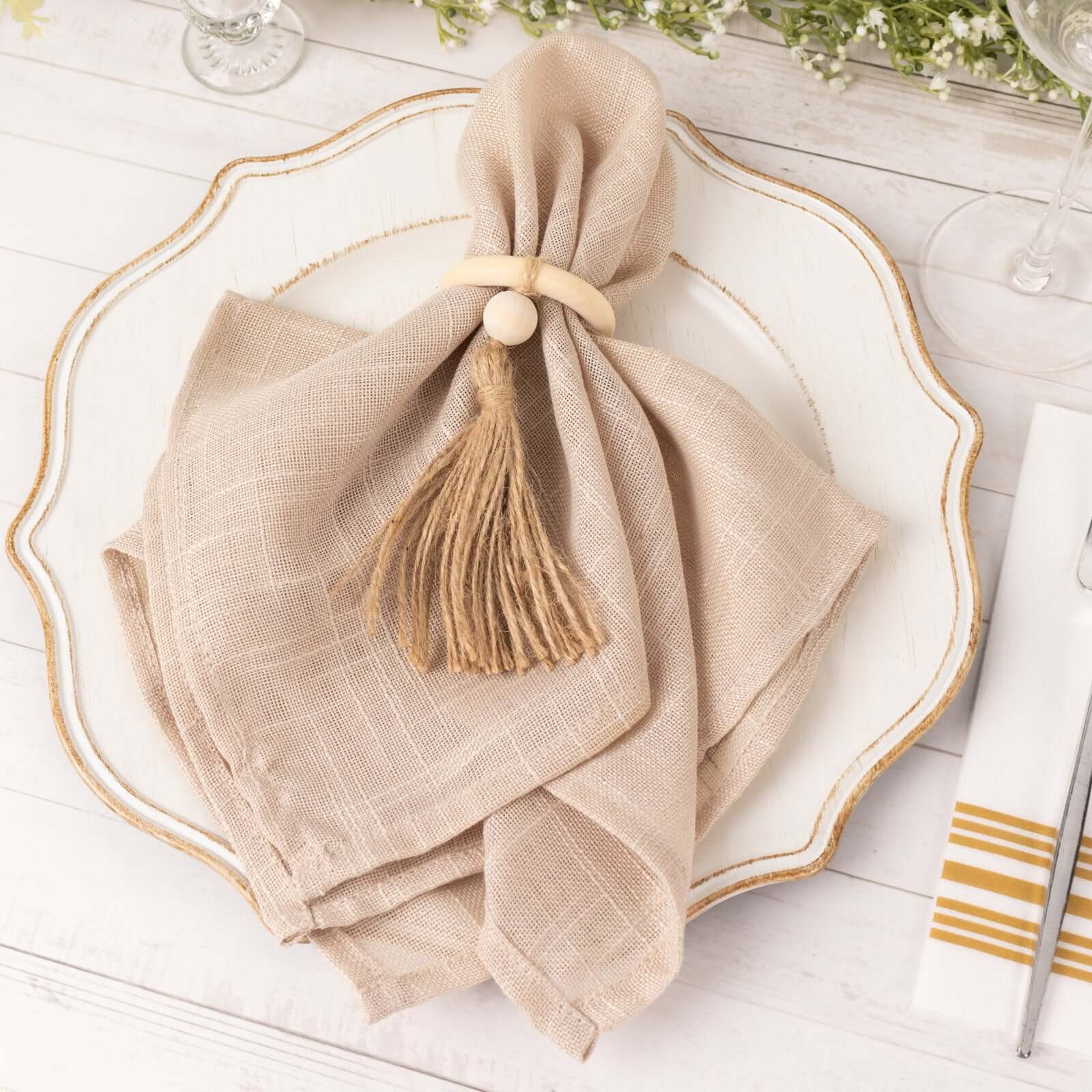 4 Pack Cream Wooden Napkin Rings with Woven Jute Beaded Tassel, Rustic Boho Chic Serviette Buckles