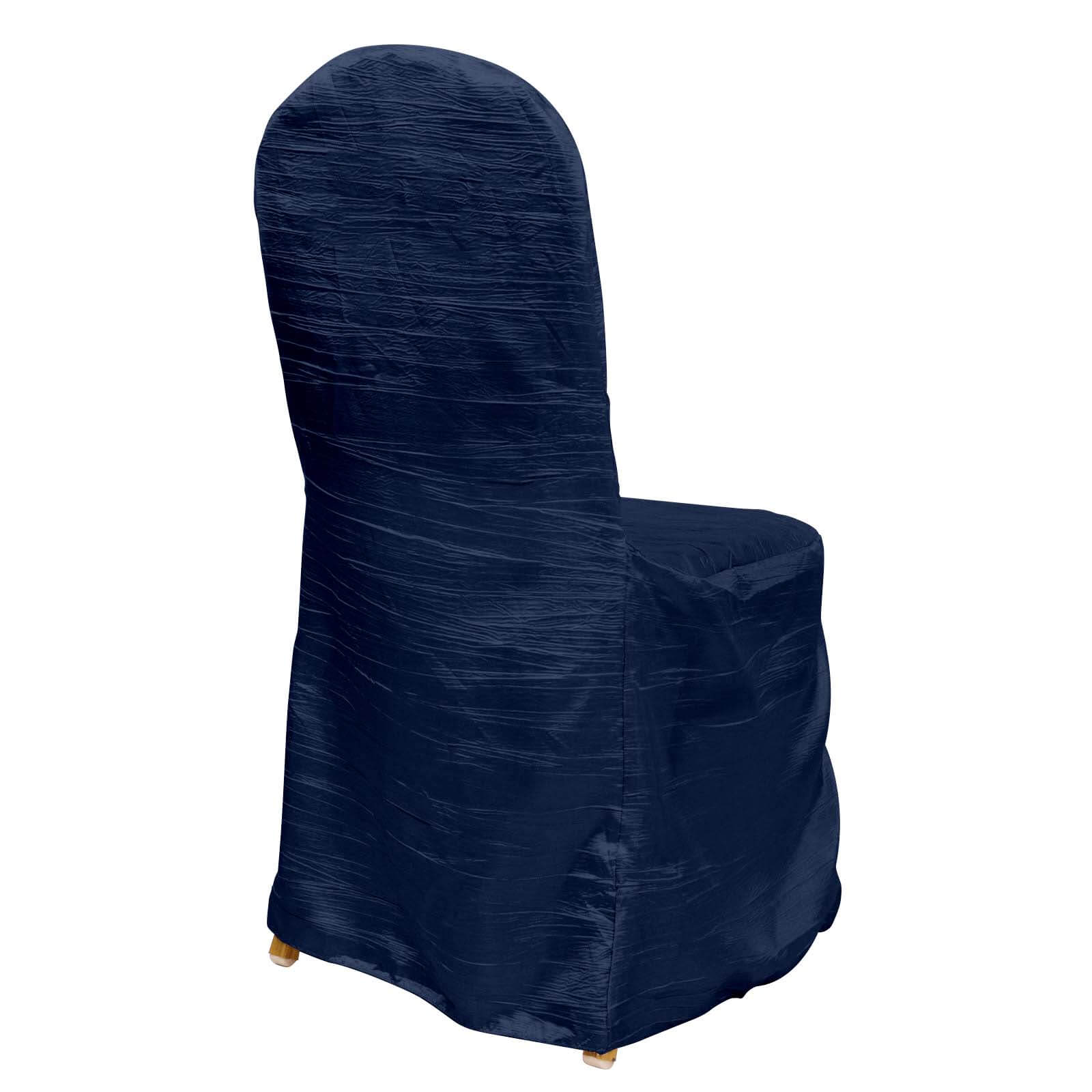 Crinkle Crushed Taffeta Chair Cover for Banquet Chairs Navy Blue - Reusable Slipcover