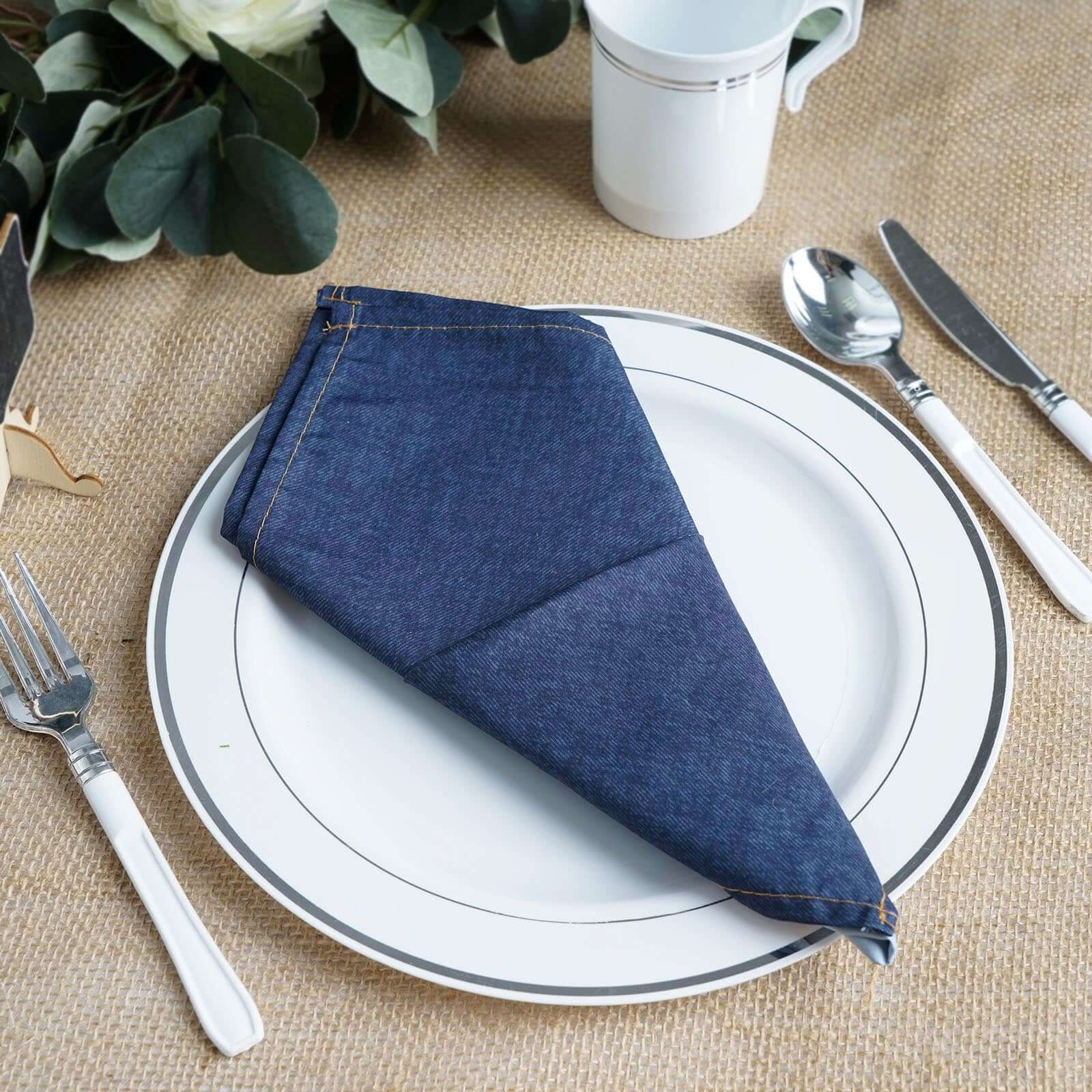 5 Pack Polyester 17"x17" Napkins Navy Blue Faux Denim Style Dinner Napkins for Casual Gatherings & Themed Events