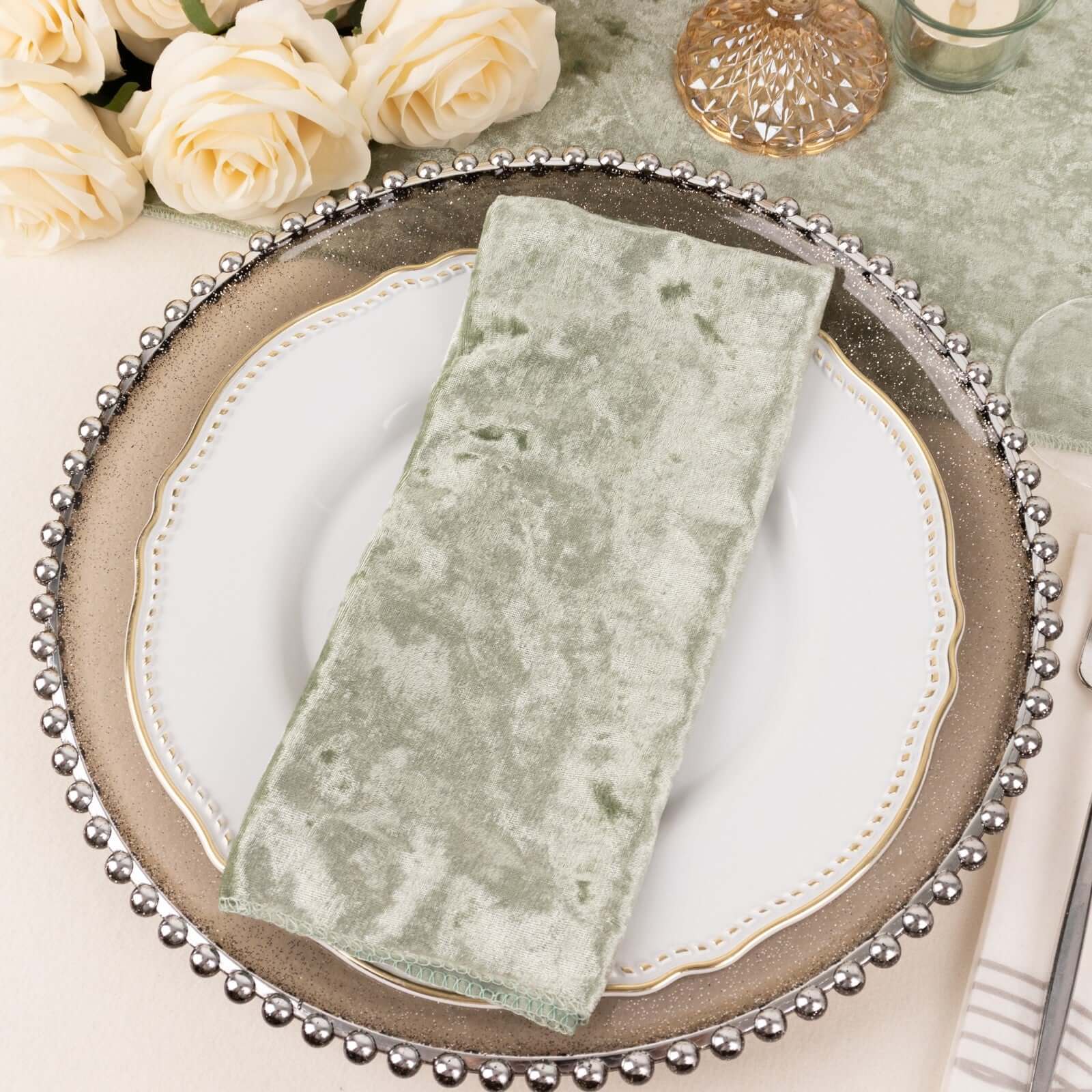5 Pack Premium Crushed Velvet 20"x20" Napkins Sage Green - Rich & Textured Finish Dinner Napkins