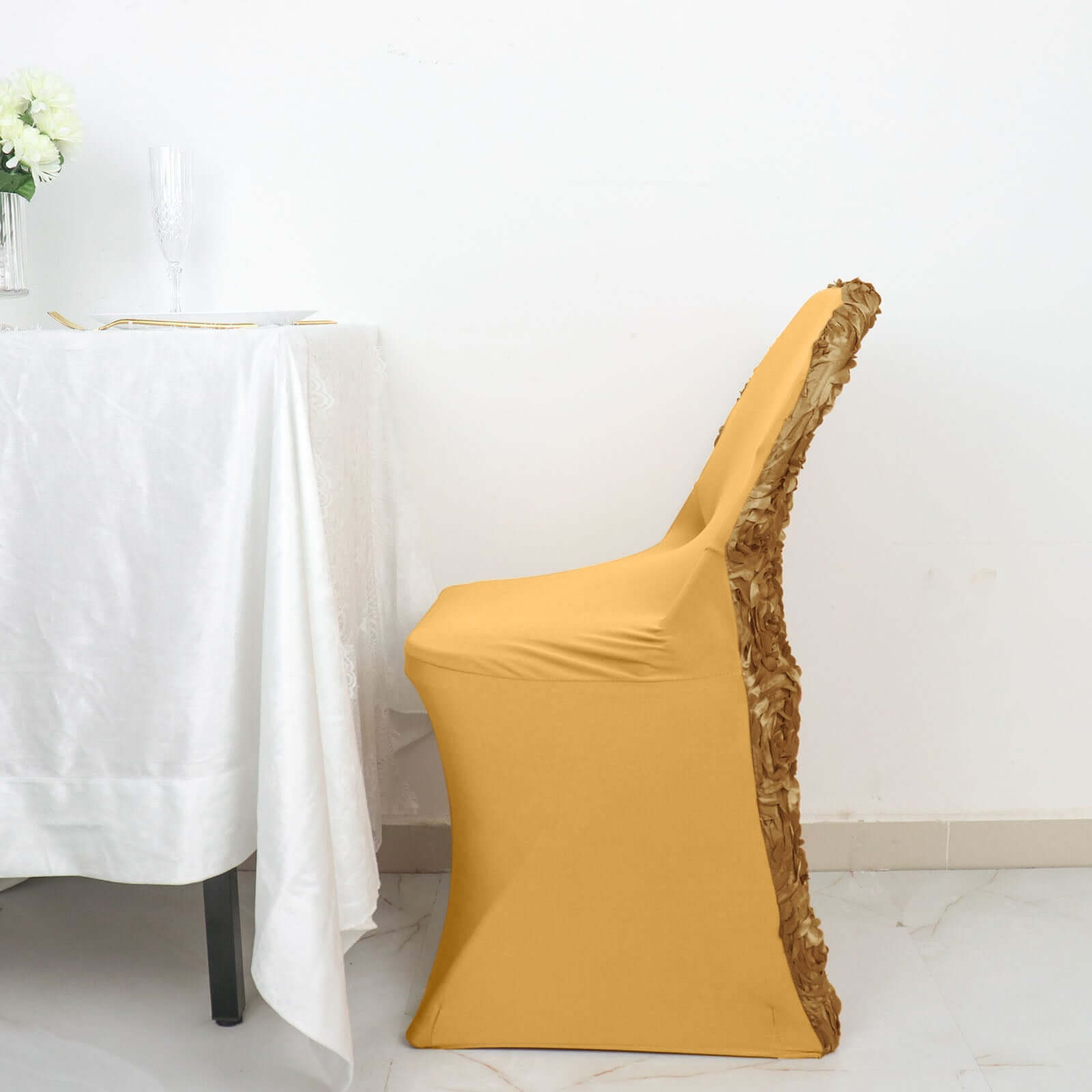 Spandex Chair Cover Gold for Folding Chairs - Durable Stretch Fitted Slipcover with Satin Rosette Design