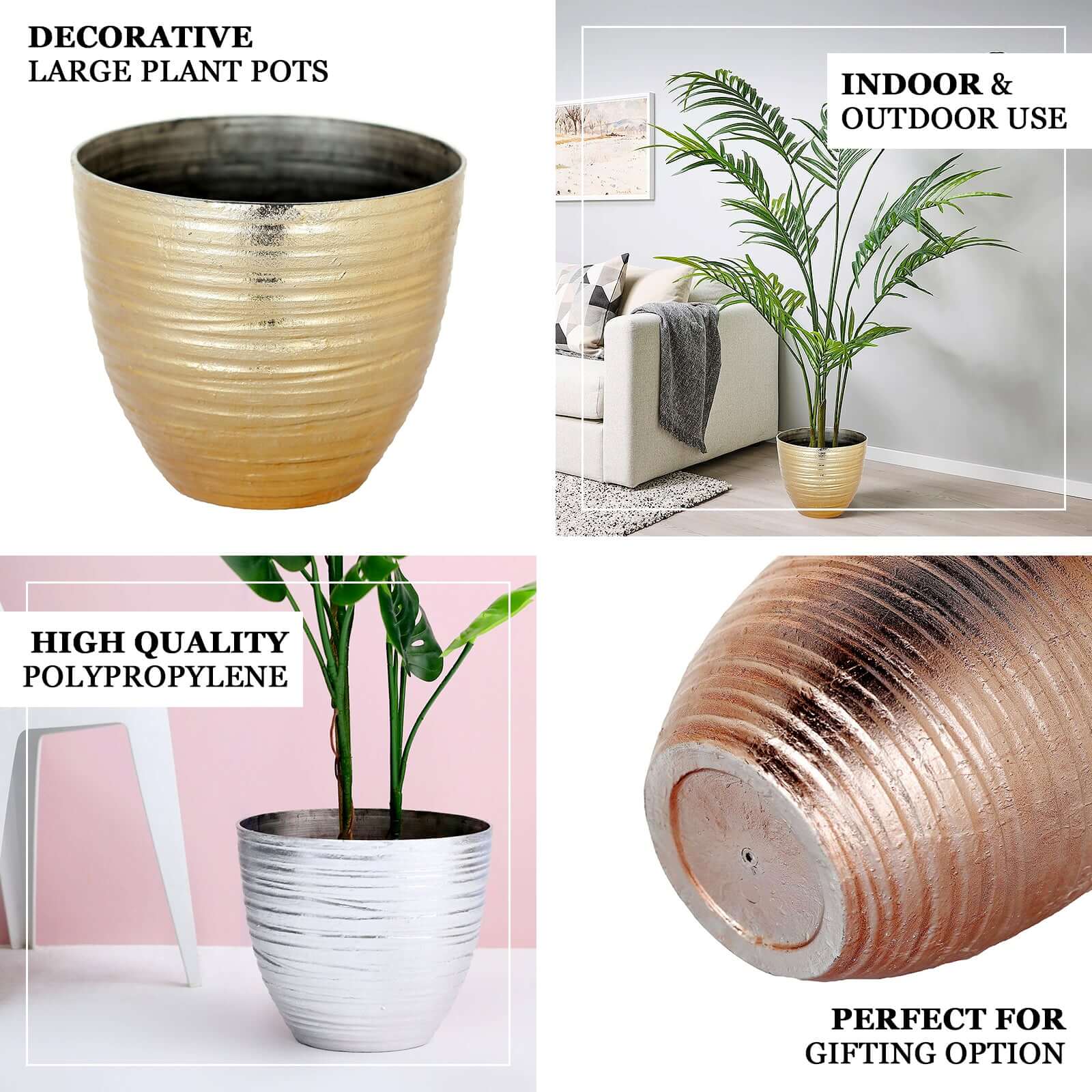 12" Metallic Silver Textured Finish Large Indoor Flower Plant Pot, Decorative Indoor Outdoor Planter