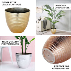 12" Metallic Silver Textured Finish Large Indoor Flower Plant Pot, Decorative Indoor Outdoor Planter