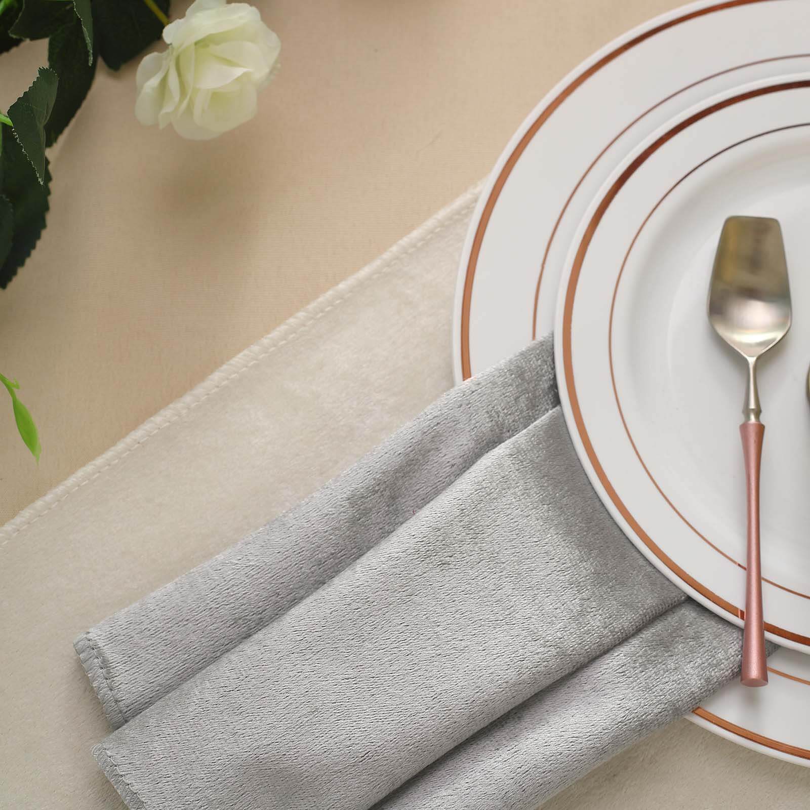 5 Pack Premium Velvet 20"x20" Napkins Silver - Soft Sheen Finish Cloth Napkins