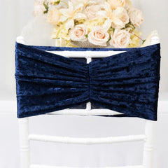 5 Pack Crushed Velvet Chair Bands Navy Blue Wide Ruffle Style - Textured Chair Sashes for Stunning Event Decor - 8"x15"