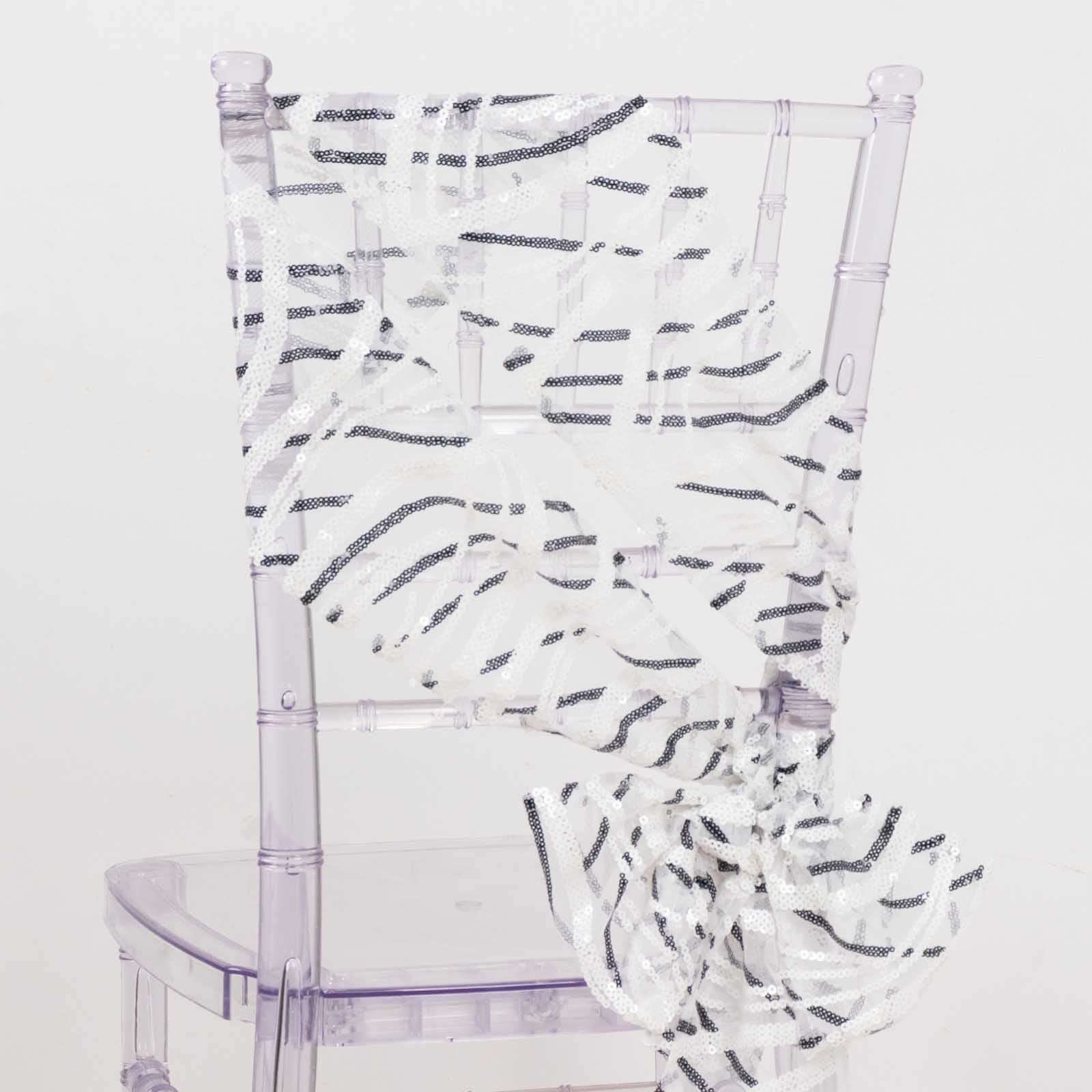 5 Pack Chair Sashes with Wave Embroidered Sequins White/Black 6"x88" - Stylish Glittering Decor for Weddings