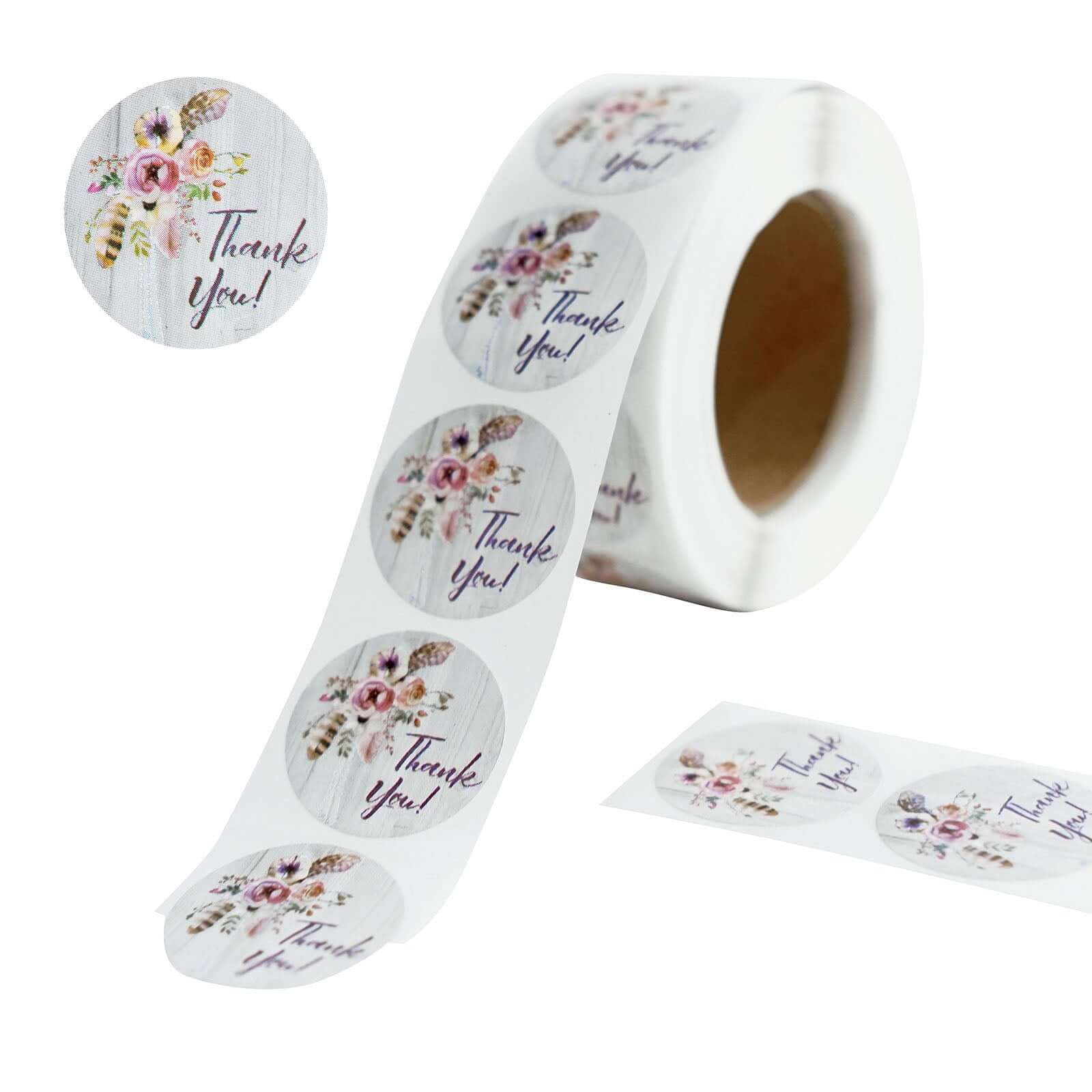 500Pcs 1" Thank You Rustic Floral Boho Chic Stickers Roll, Labels For DIY Envelope Seal - Round