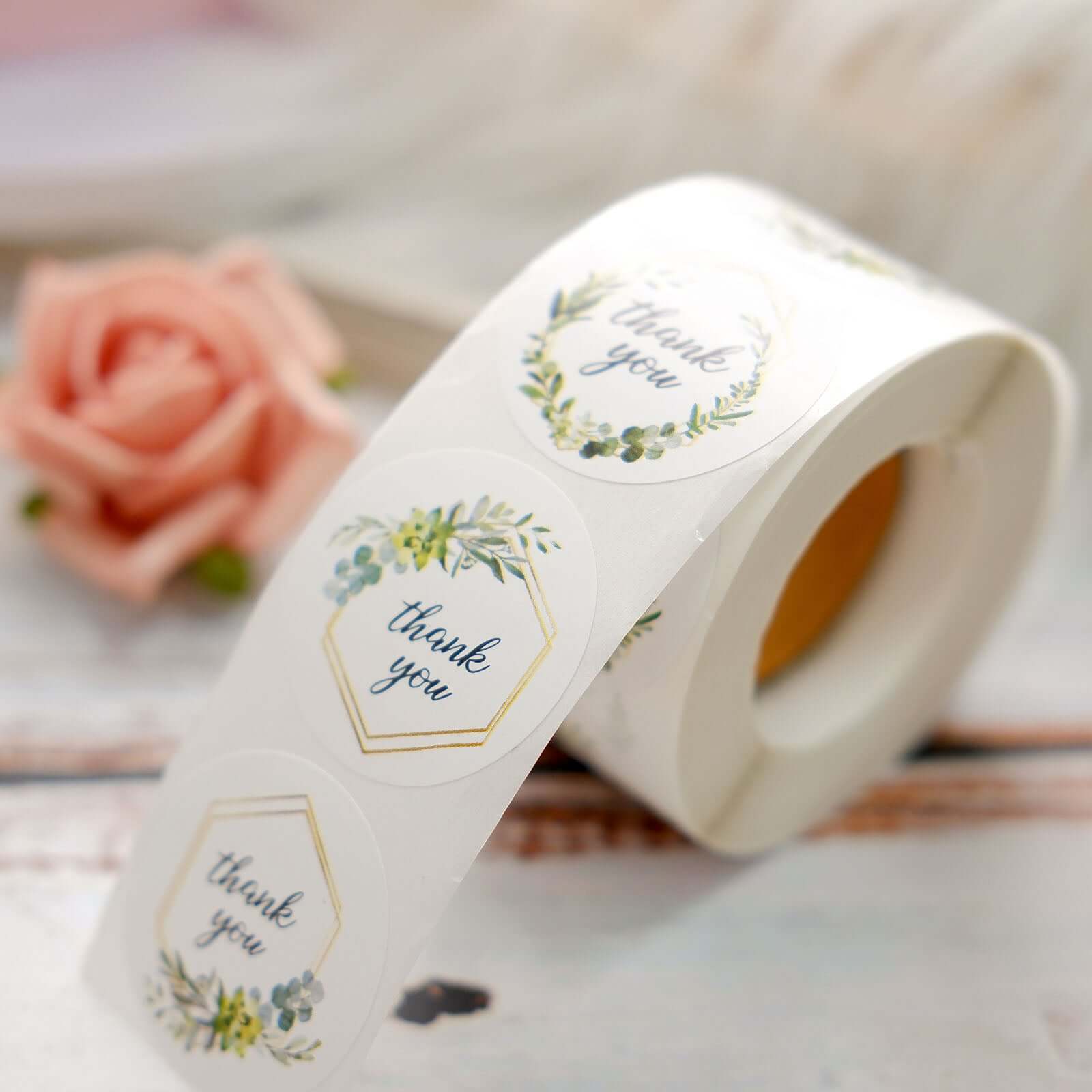 500Pcs 1.5" Thank You Gold and Green Leaf Frame Stickers Roll Décor, Labels and Seals For DIY Envelope - Round