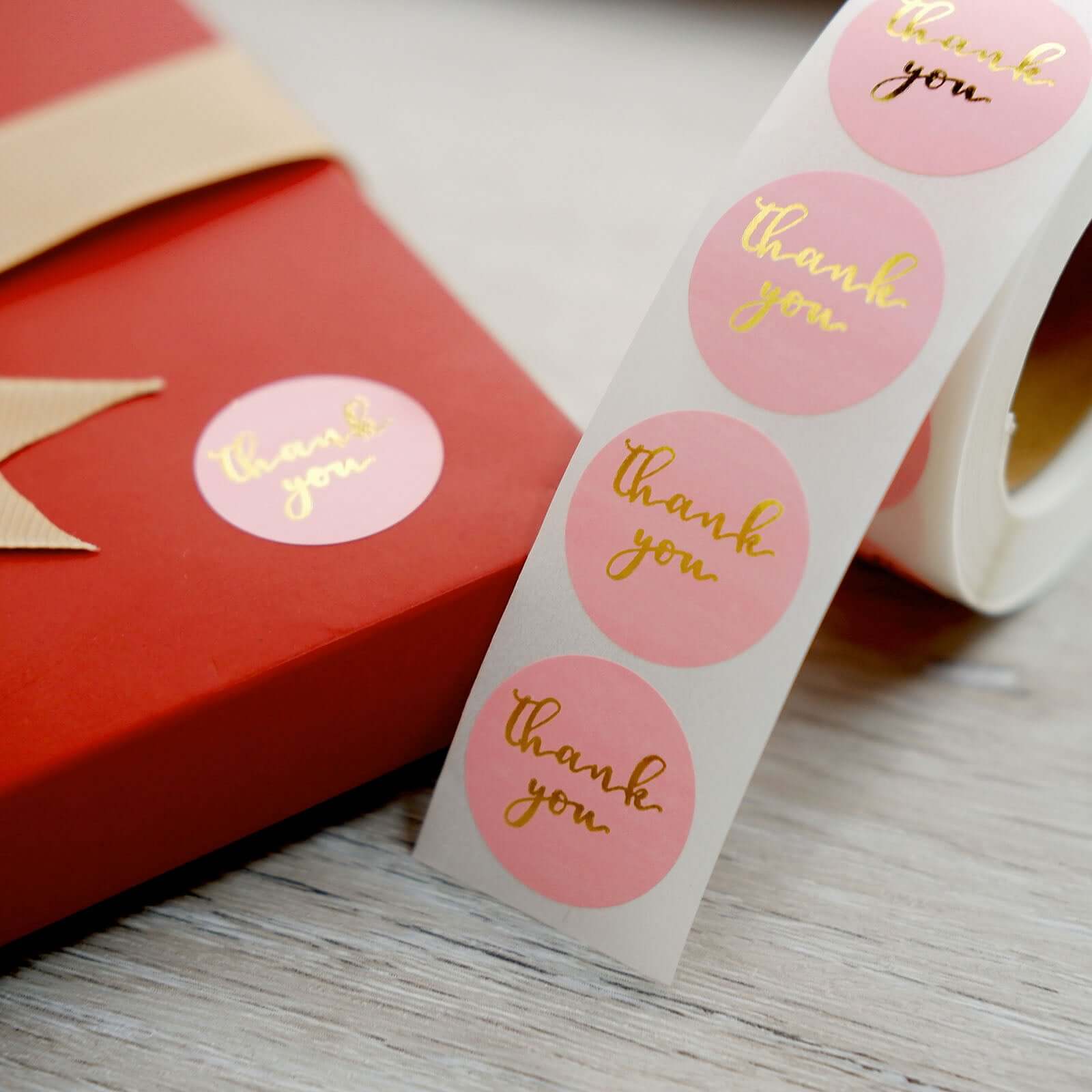 500Pcs 1" Thank You Gold Foil Text On Pink Stickers Roll Décor, Labels and Seals For DIY Envelope - Round