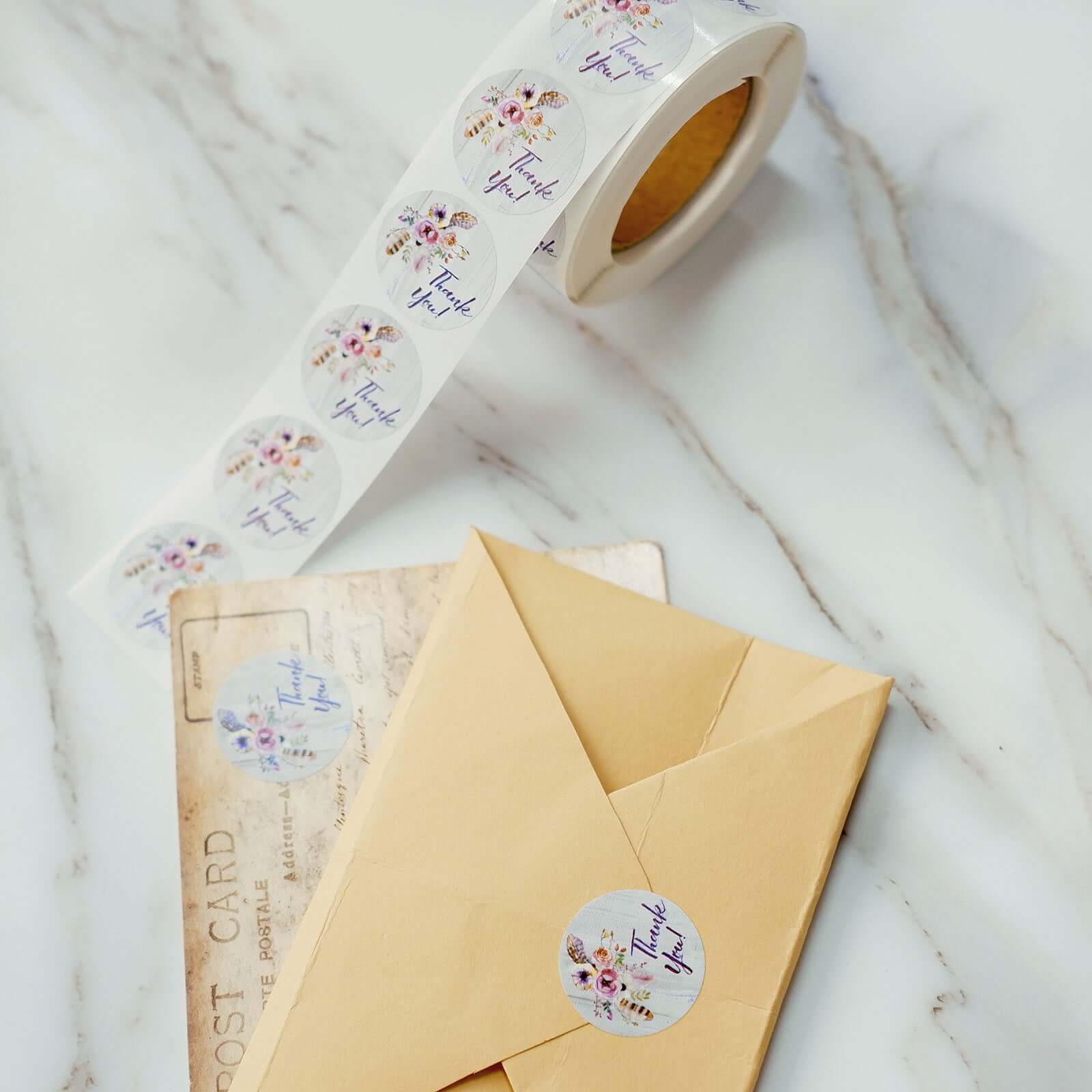 500Pcs 1" Thank You Rustic Floral Boho Chic Stickers Roll, Labels For DIY Envelope Seal - Round