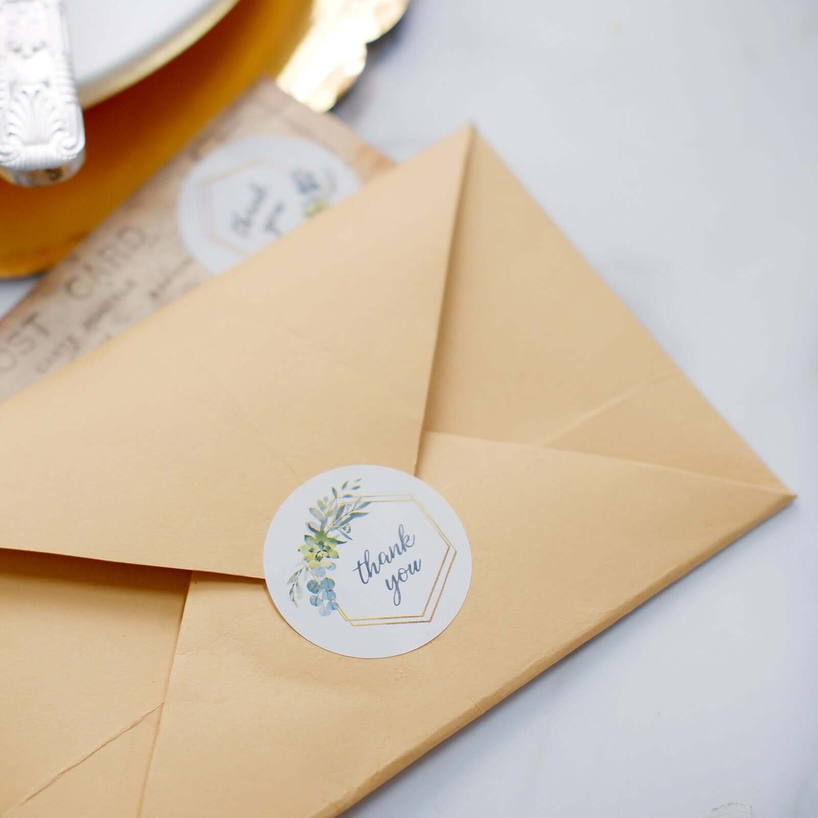 500Pcs 1.5" Thank You Gold and Green Leaf Frame Stickers Roll Décor, Labels and Seals For DIY Envelope - Round