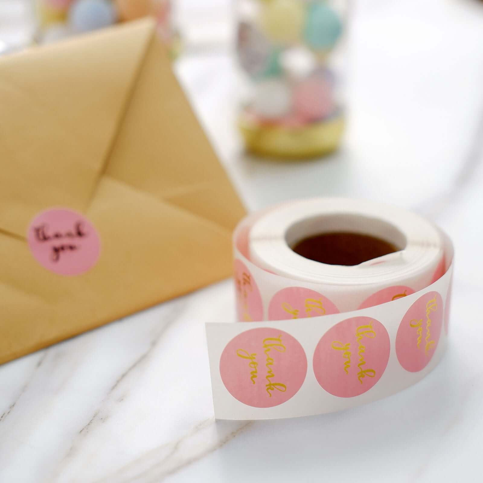 500Pcs 1" Thank You Gold Foil Text On Pink Stickers Roll Décor, Labels and Seals For DIY Envelope - Round