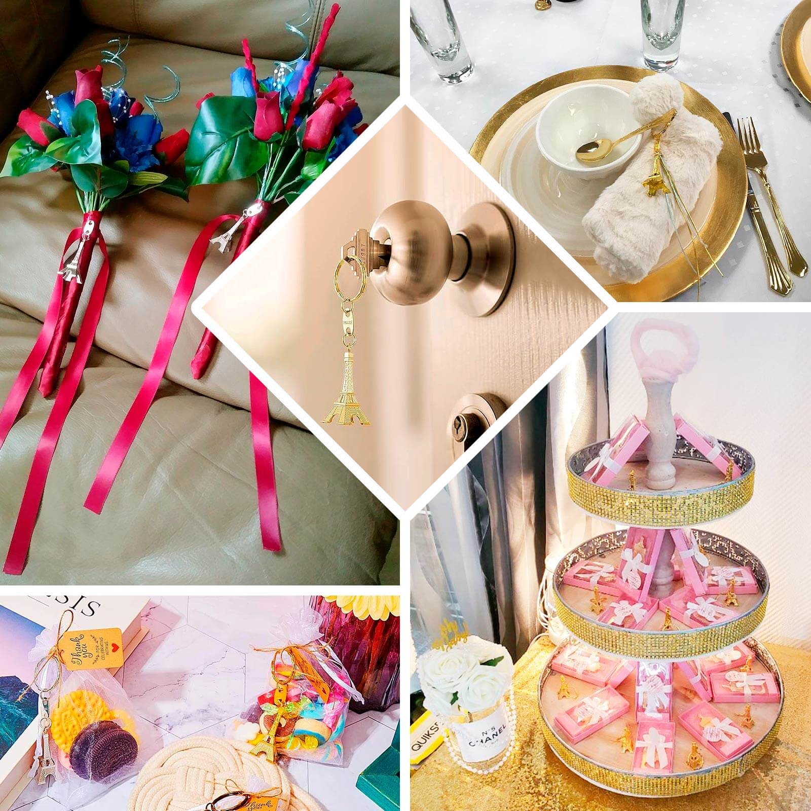 10 Pack Gold Plastic Paris Eiffel Tower Keychain Wedding Favors, 4" Bridal Shower Party Souvenirs With Thank You Tag