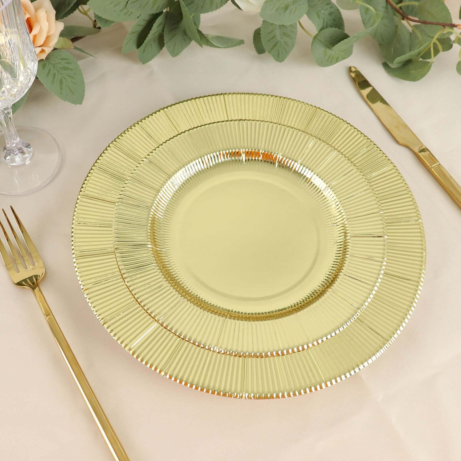 25-Pack Paper 10" Round Dinner Plates in Metallic Gold Sunray Design - Disposable Heavy Duty 350GSM Party Plates