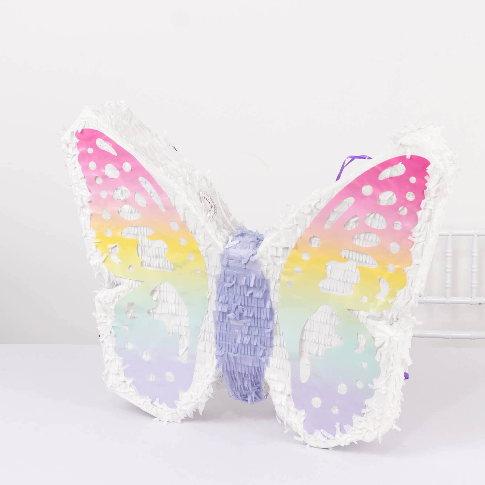 Expandable White Lilac Paper Butterfly Pinata Hanging Decor with Pastel Colored Wings, Fairy Themed Birthday Party Pinata - 23"x19"