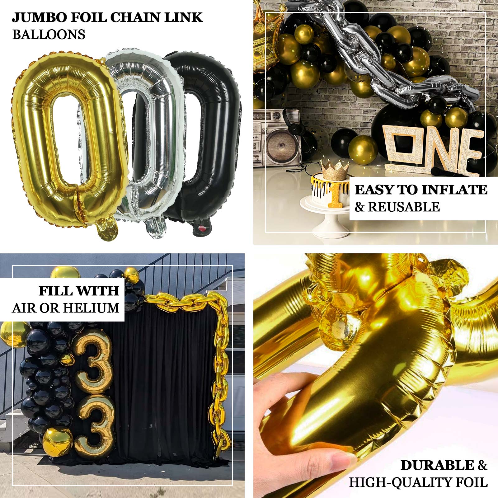 16ft Jumbo Chain Link Balloons in Gold, 30pack Durable Foil Chain Balloons for 90s Hip Hop Party Decorations, Event Decor