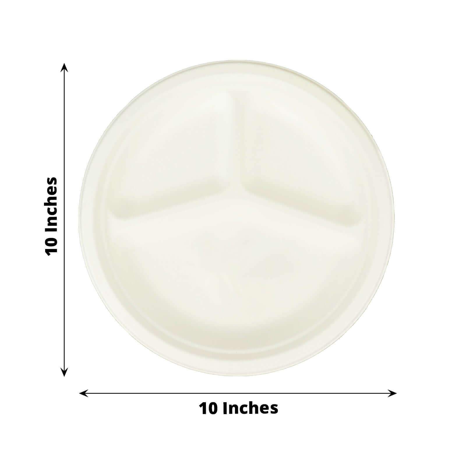 50-Pack Bagasse 10" Round Dinner Plates in White with 3-Compartments - Eco Friendly Biodegradable Sugarcane Divided Plates for Food Trucks Catering & Events