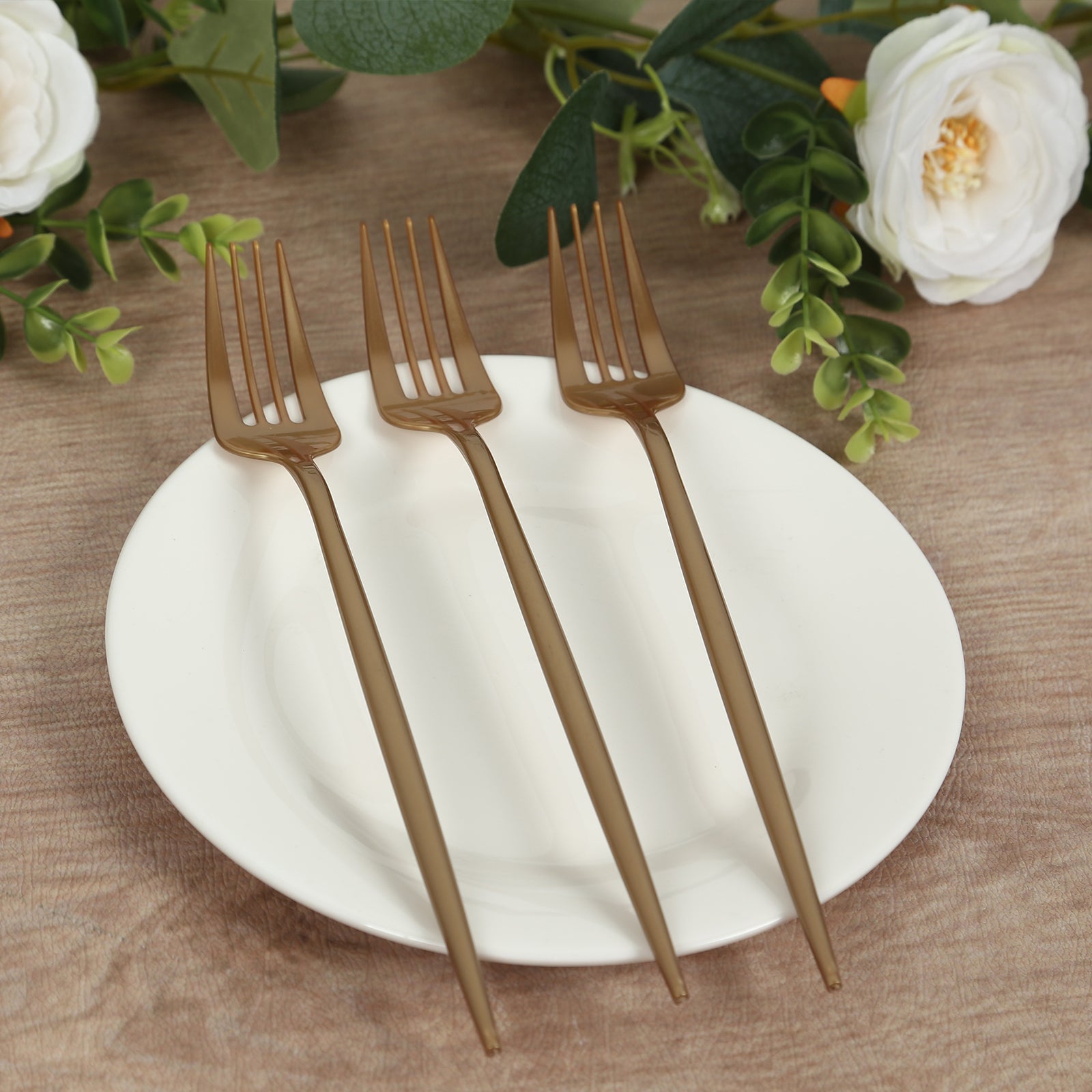 50-Pack Plastic Forks Gold - Premium Disposable Heavy Duty Sleek Dinner Flatware