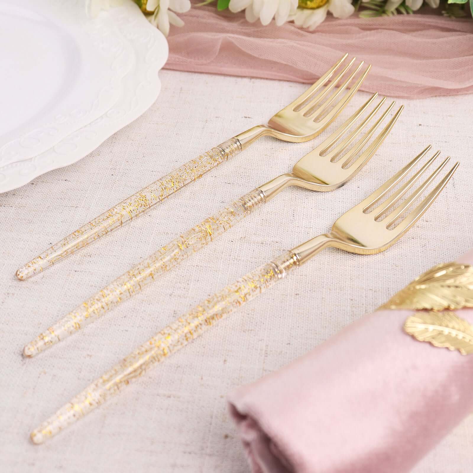 24-Pack Plastic Forks with Gold Glitter - Disposable Silverware Cutlery for Events