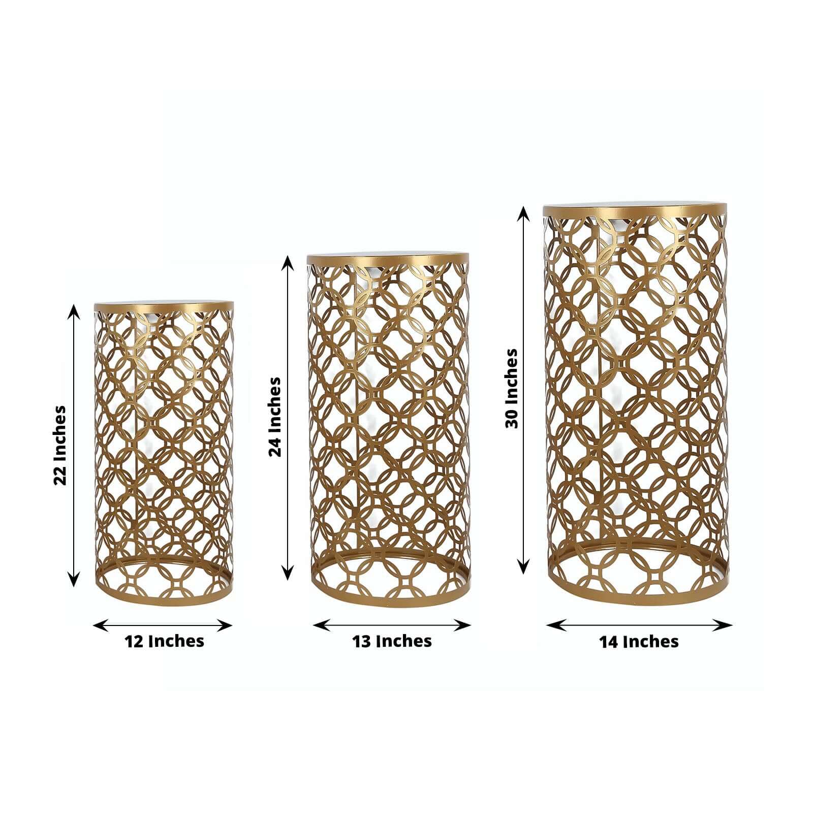 Set of 3 Gold Metal Cylinder Pillar Cake Display Stands, Round Mesh Plinth Pedestal Stand in Hollow Overlapping Circles Pattern - 22",24",30"
