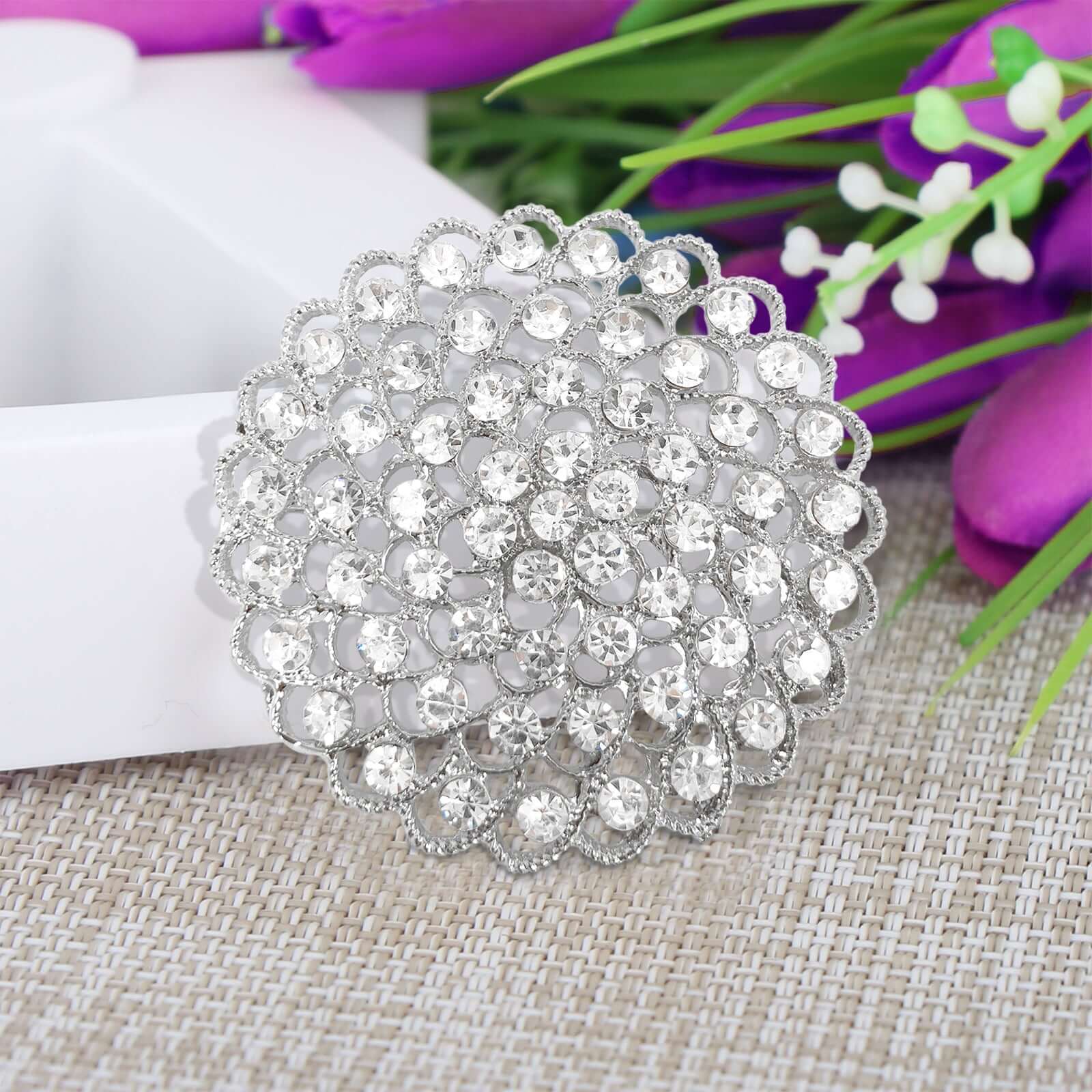 Rhinestone Metal Flower Chair Sash Band Buckle Silver - Glittering Diamond Accent 3"