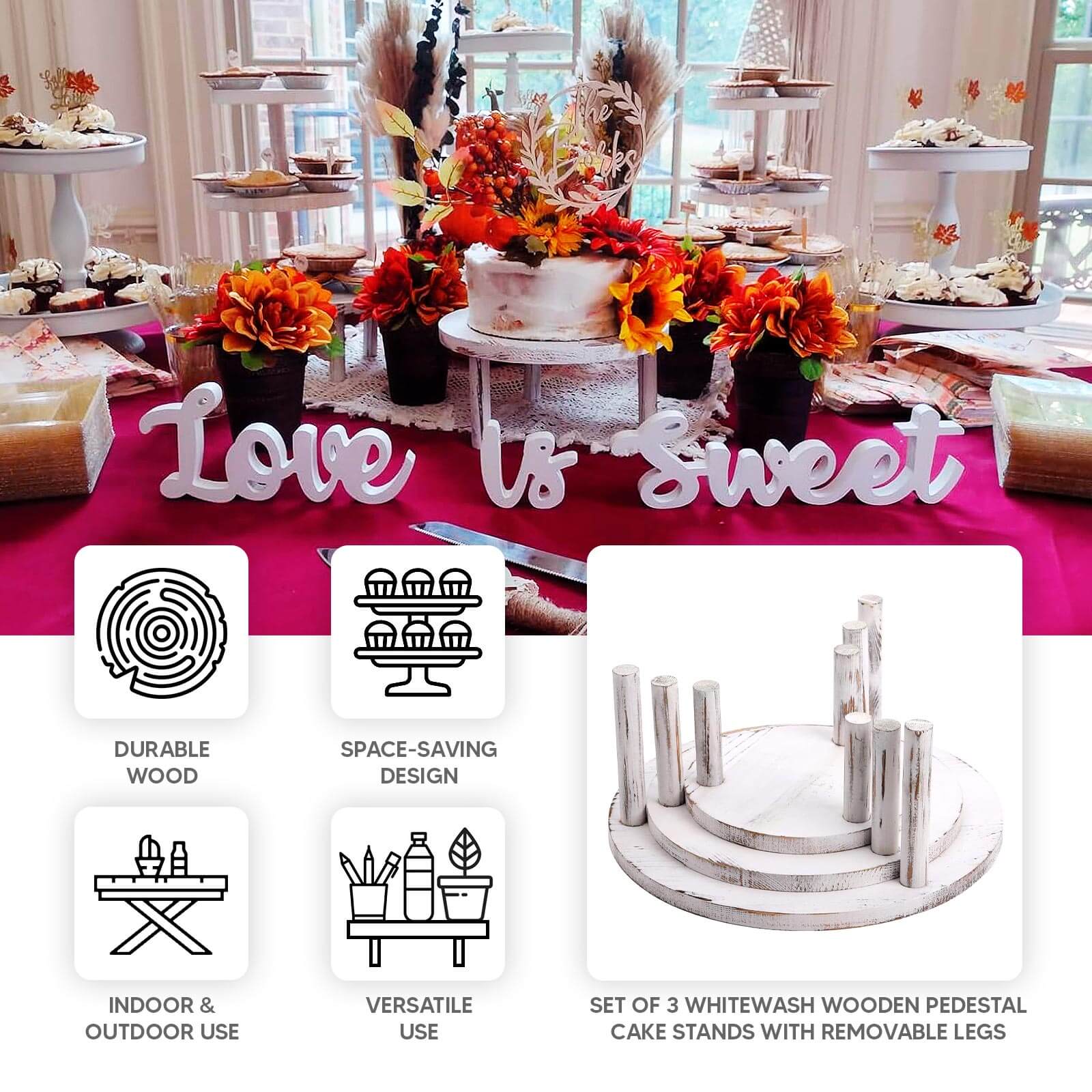 Set of 3 Wooden Pedestal Cake Stands Whitewash with Removable Legs - Stackable Round Rustic Plant Risers 7", 9.5", 12"