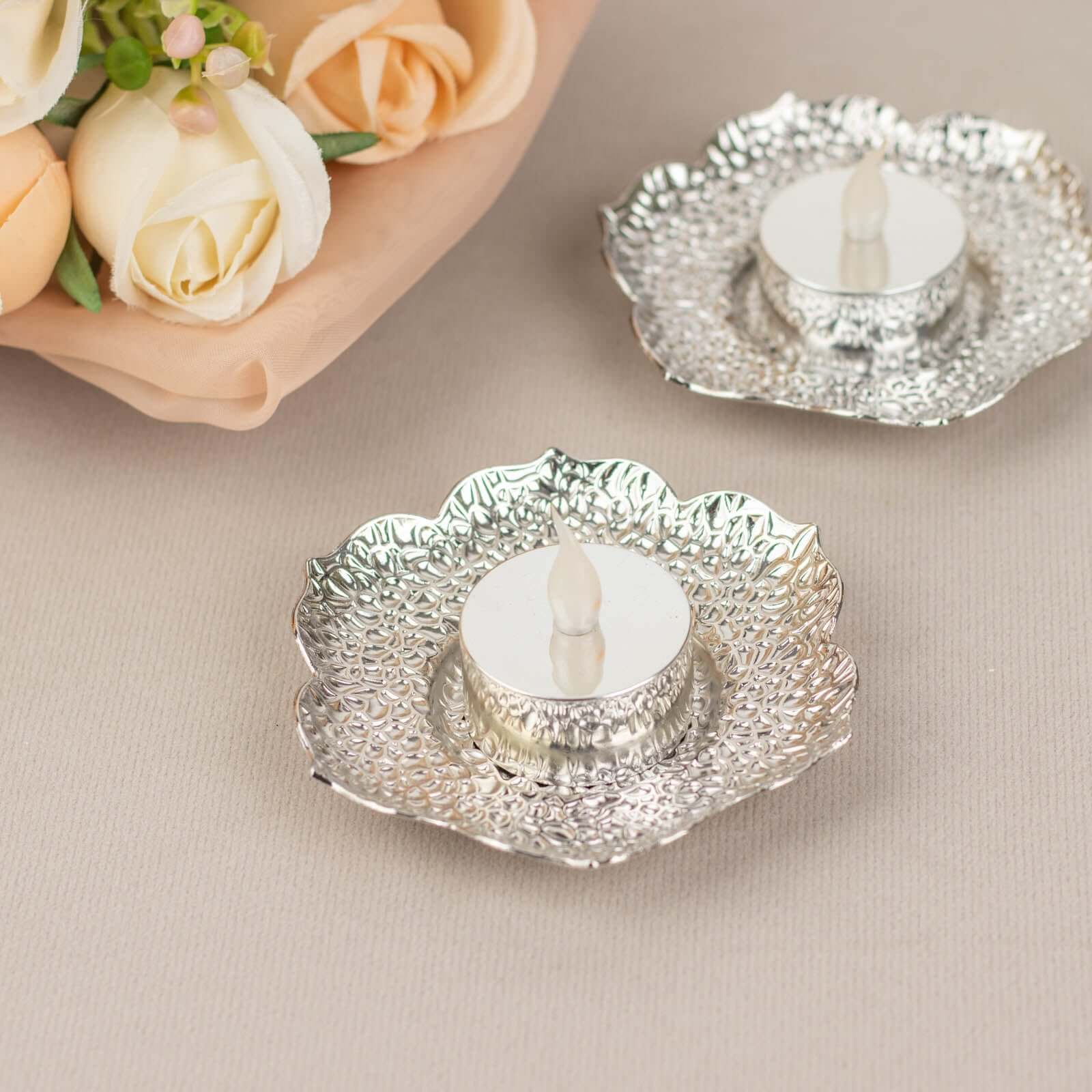 3-Pack Metal Votive Candle Holders Plum Blossom Design Shiny Silver - Vintage Mini Tea Cup Saucers 4"