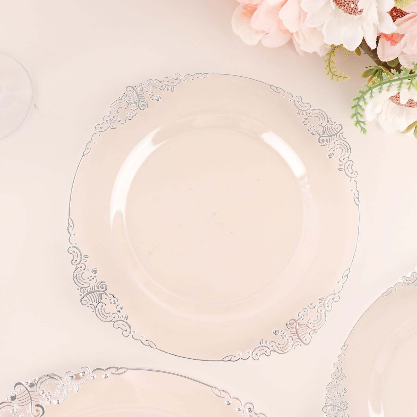 10-Pack Plastic 8" Round Dessert Plates in Clear with Silver Leaf Embossed Rim - Disposable Vintage Baroque Style Salad Plates