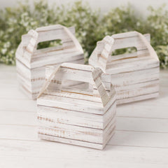 25 Pack Rustic White Candy Gift Tote Gable Boxes With Wood Plank Pattern, Party Favor Treat Boxes - 4"x2.5"x4.5"