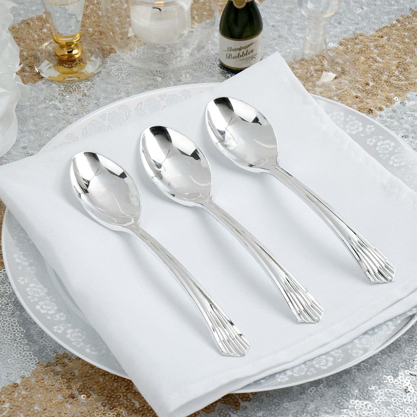 25-Pack Plastic Spoons Silver Heavy Duty with Fluted Handles - Reliable Disposable Cutlery 7"