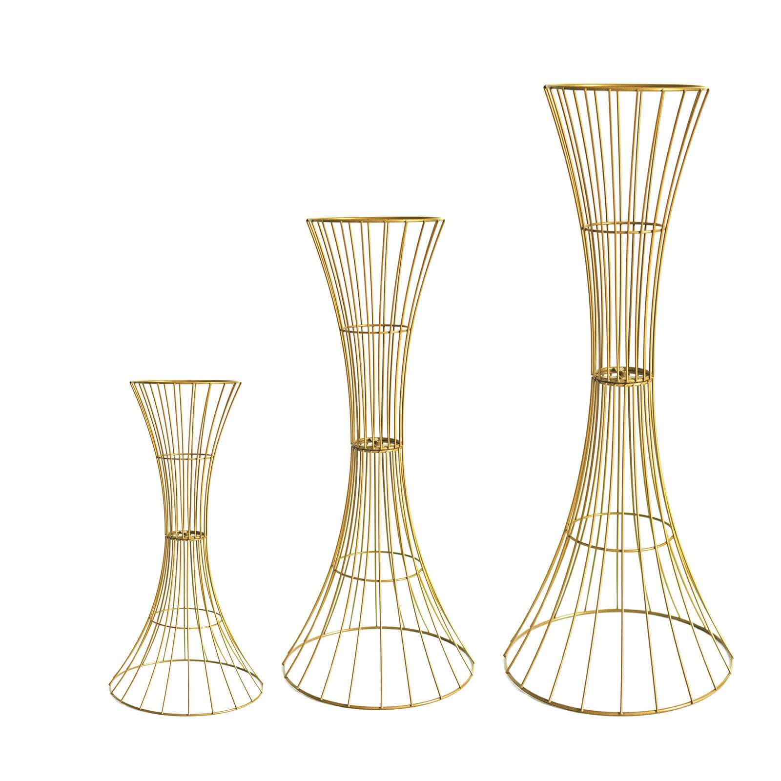 48" Tall Gold Metal Wire Hourglass Flower Frame Stand, Open Frame Reversible Trumpet Centerpiece Stand