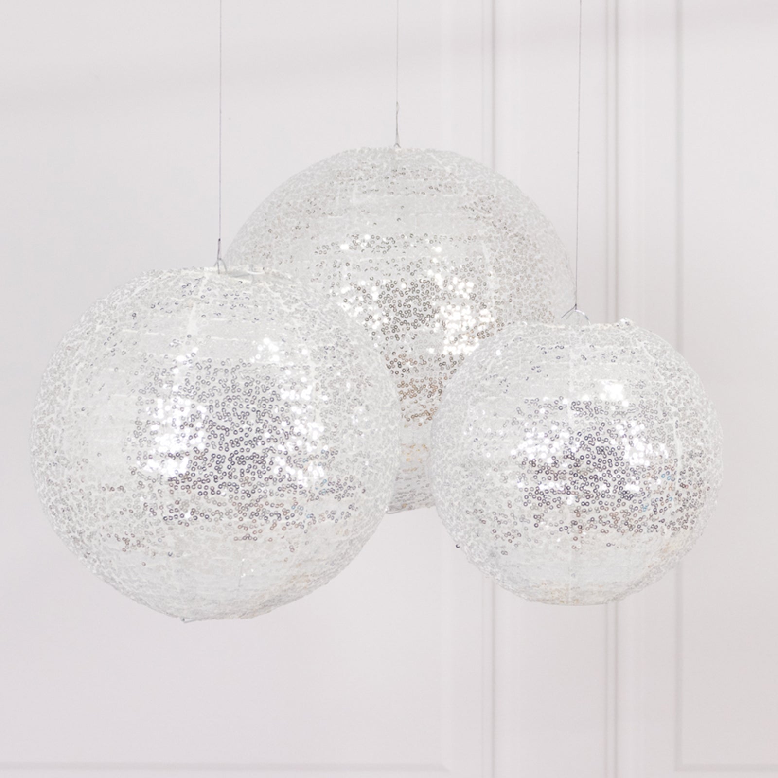 Set of 3 Glitter Silver Sequin Fabric Hanging Lanterns, Decorative Round Foldable Chinese Lantern Lampshades - 8",10",12"