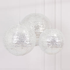 Set of 3 Glitter Silver Sequin Fabric Hanging Lanterns, Decorative Round Foldable Chinese Lantern Lampshades - 8",10",12"