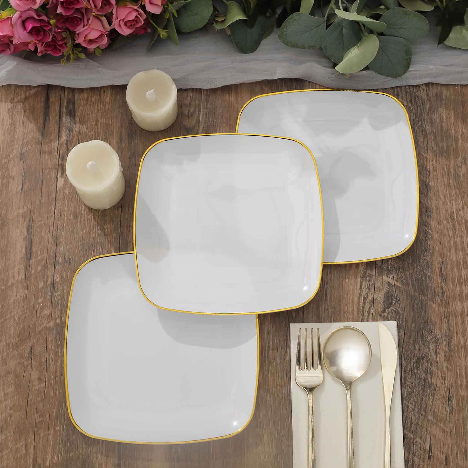 10-Pack Plastic 7" Square Dessert Plates in White with Gold Rim - Classy Disposable Appetizer Salad Plates for Weddings & Special Events