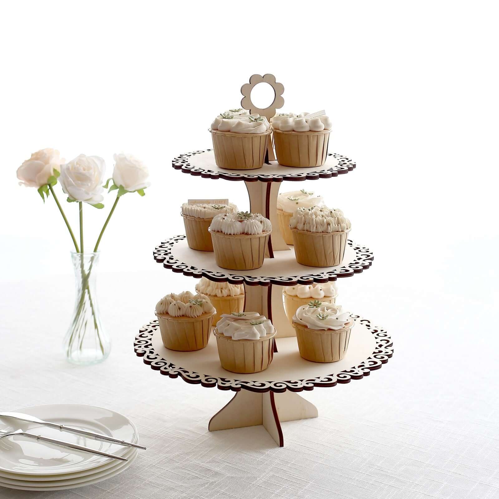 3-Tier Wooden Cupcake Stand Floral Edge Design Natural - Rustic Round Dessert Display Table Centerpiece 16"