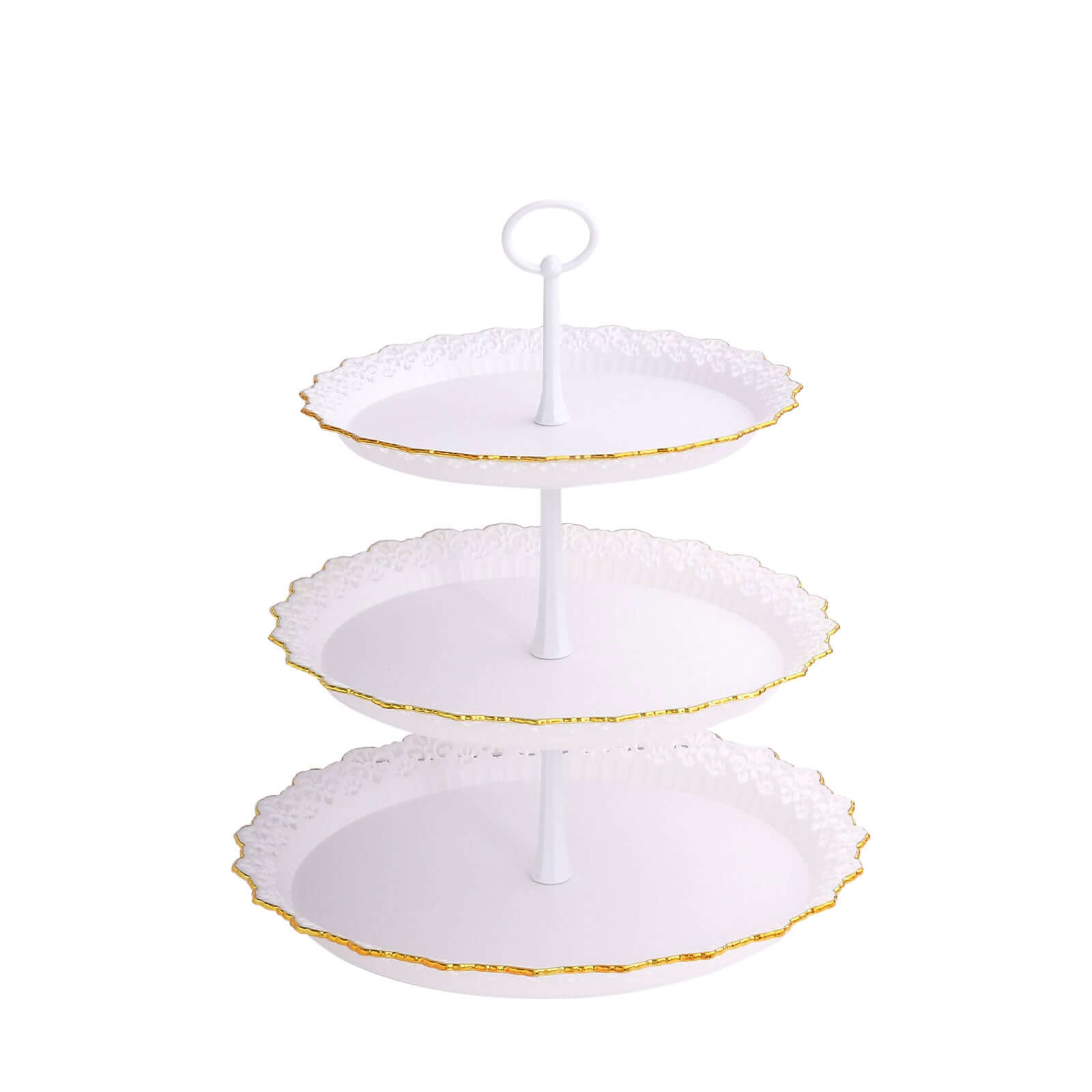 3-Tier Plastic Round Cupcake Stand 15" White with Lace Gold Rim Scalloped Edges