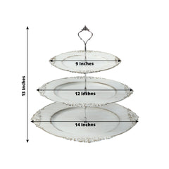 3-Tier Plastic Round Cupcake Stand Whitewashed with Antique Gold Baroque Rim & Top Handle 13"