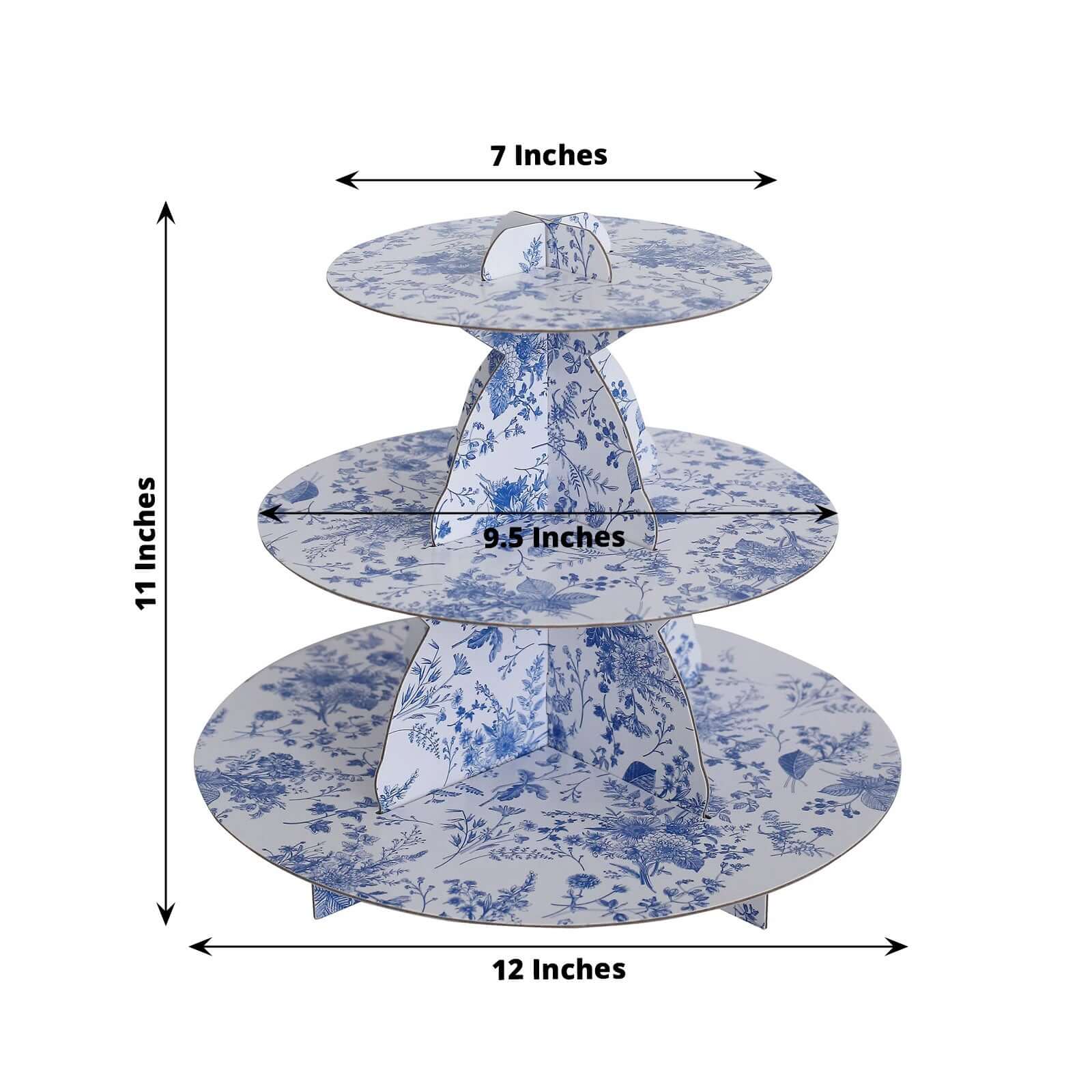 3-Tier Cardboard Cupcake Stand White with Blue French Toile Pattern - Reusable Dessert Display Stand Round Serving Platter for High-Tea Gatherings Weddings & Spring Celebrations 11"