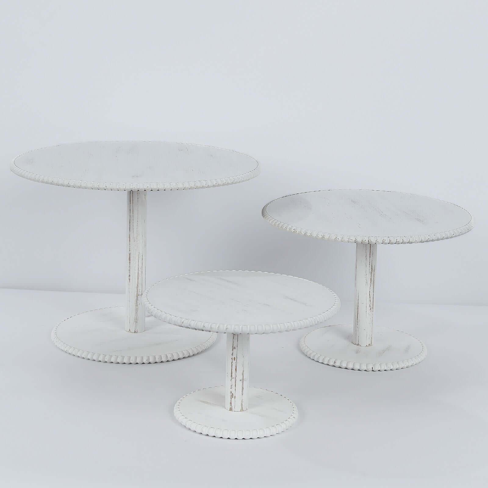 Set of 3 Wooden Pedestal Cake Stands Whitewash with Round Beaded Rim Trays - Stackable Rustic Cupcake Display 8", 10", 12"