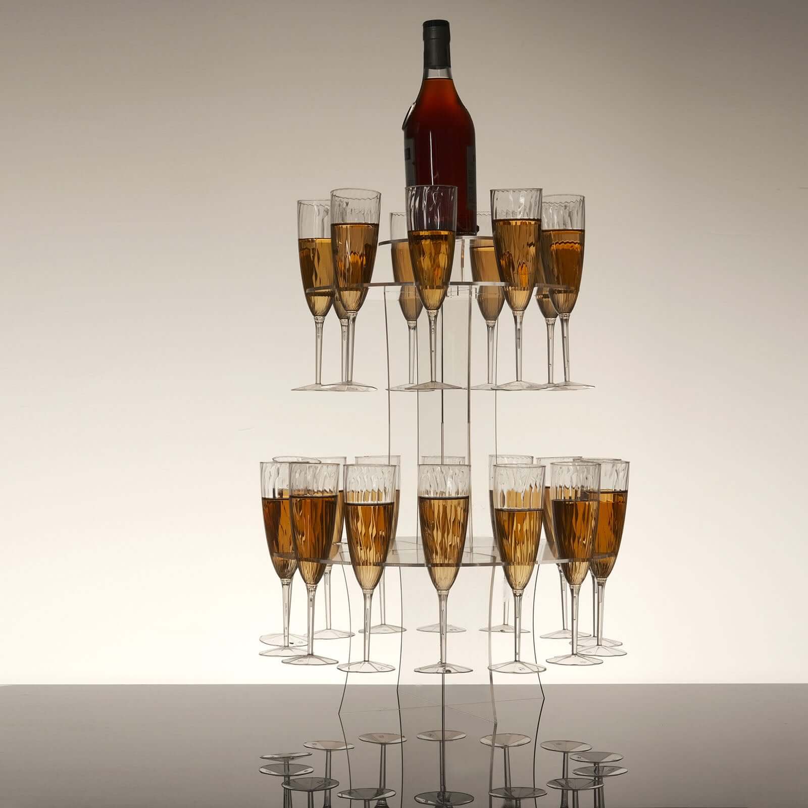 3-Tier Round Champagne Glass Holder Tower Clear Acrylic + 1 Bottle for Professional & Home Use 21"