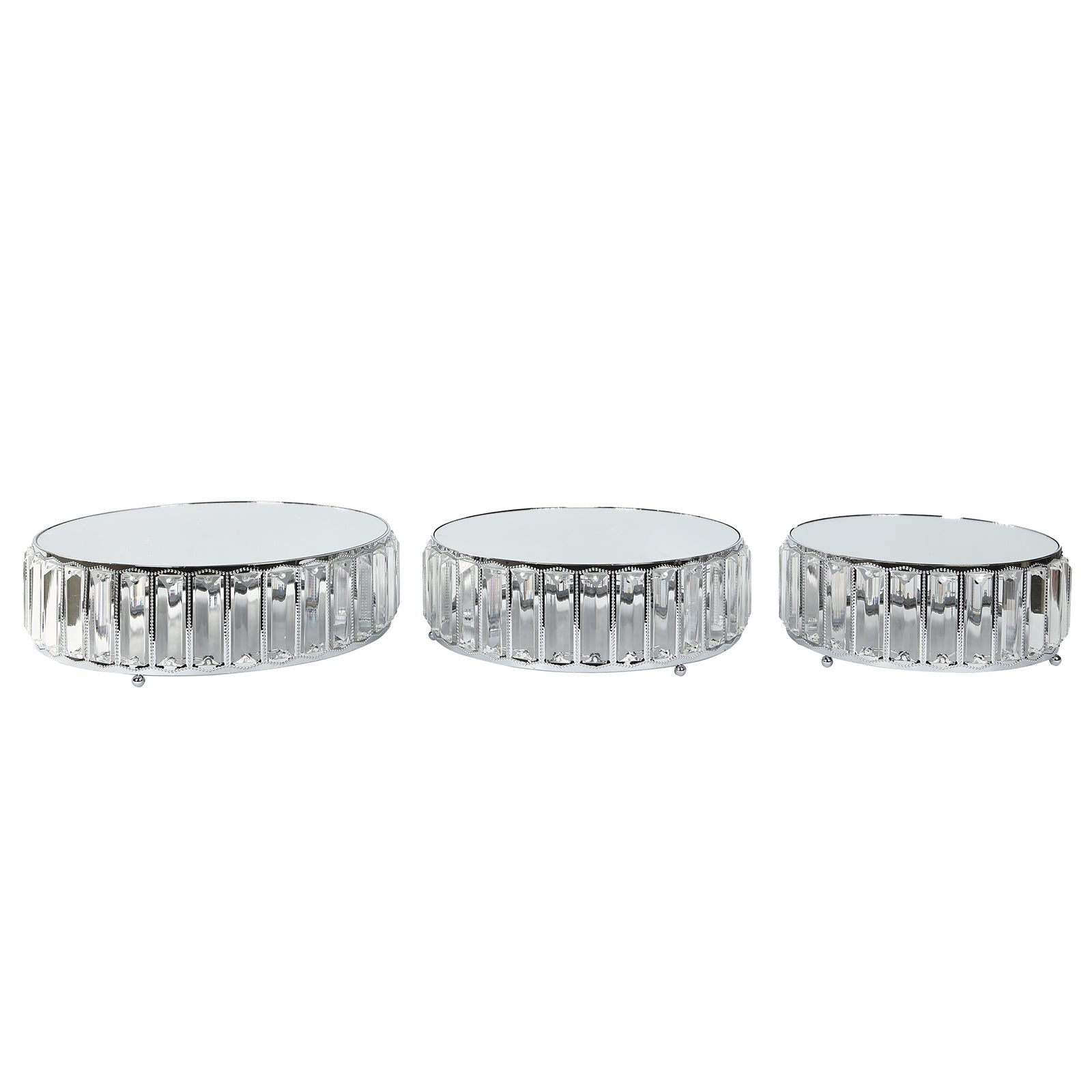 Set of 3 Silver Metal Crystal Pendant Cake Stands with Mirror Top, Stackable Round Dessert Display Trays - 9",11",12"