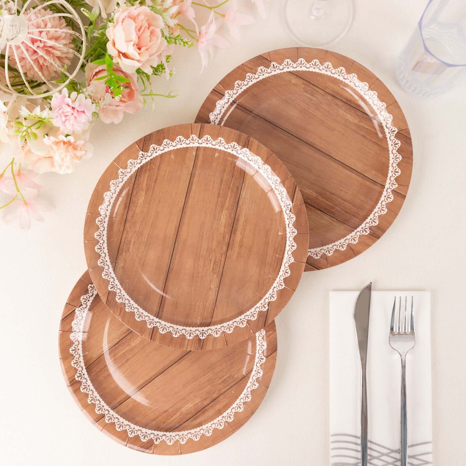 25-Pack Paper 9" Round Dinner Plates in Brown Wood Grain Print with White Floral Lace Rim - Disposable Party Plates for Rustic Farmhouse Style Events